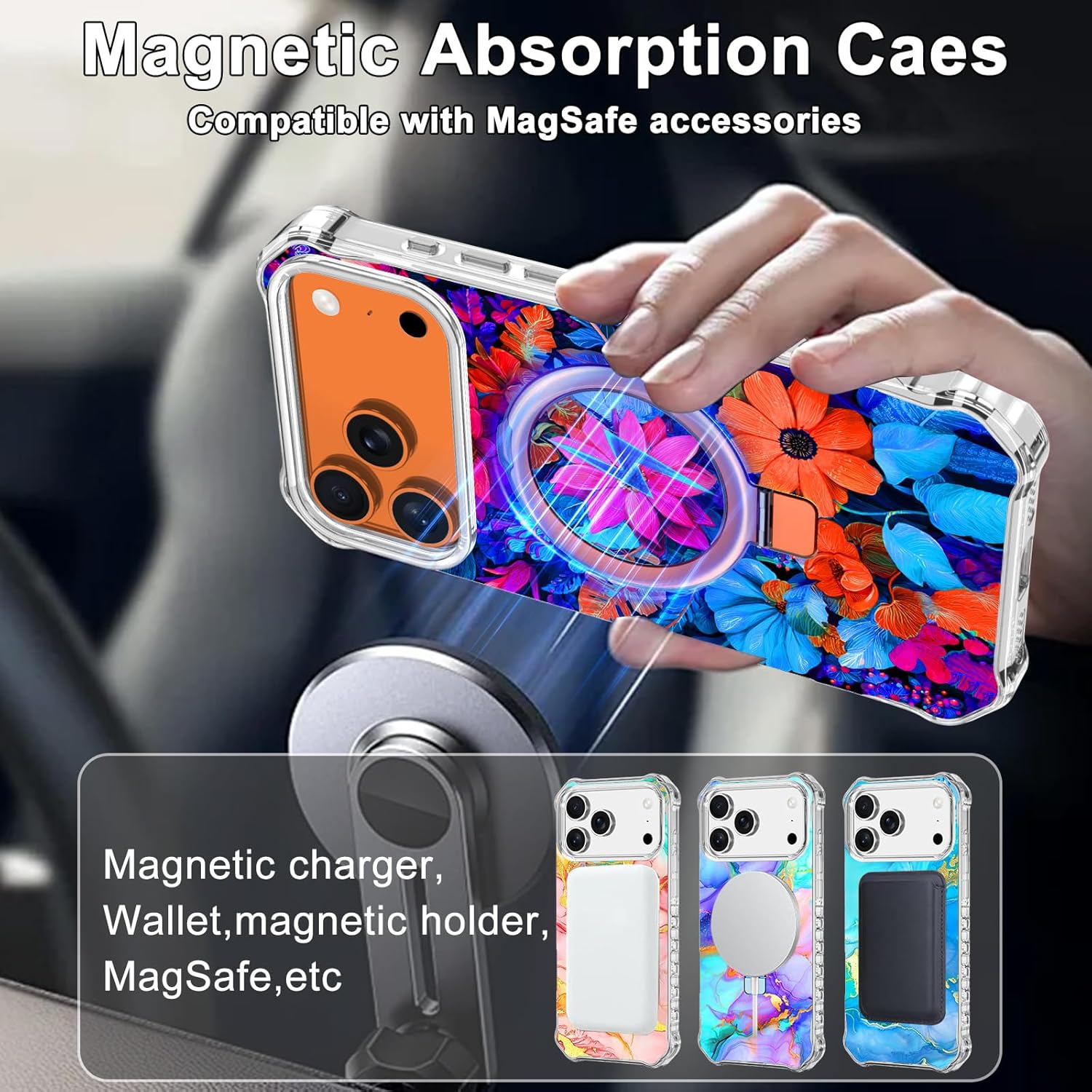 for iPhone 17 Pro Case,[Compatible with MagSafe][Invisible Magnetic Ring Stand],Slim Iridescent Wavy Women Girls Case for Apple iPhone 17 Pro 6.3"(2025),Colorful Flower