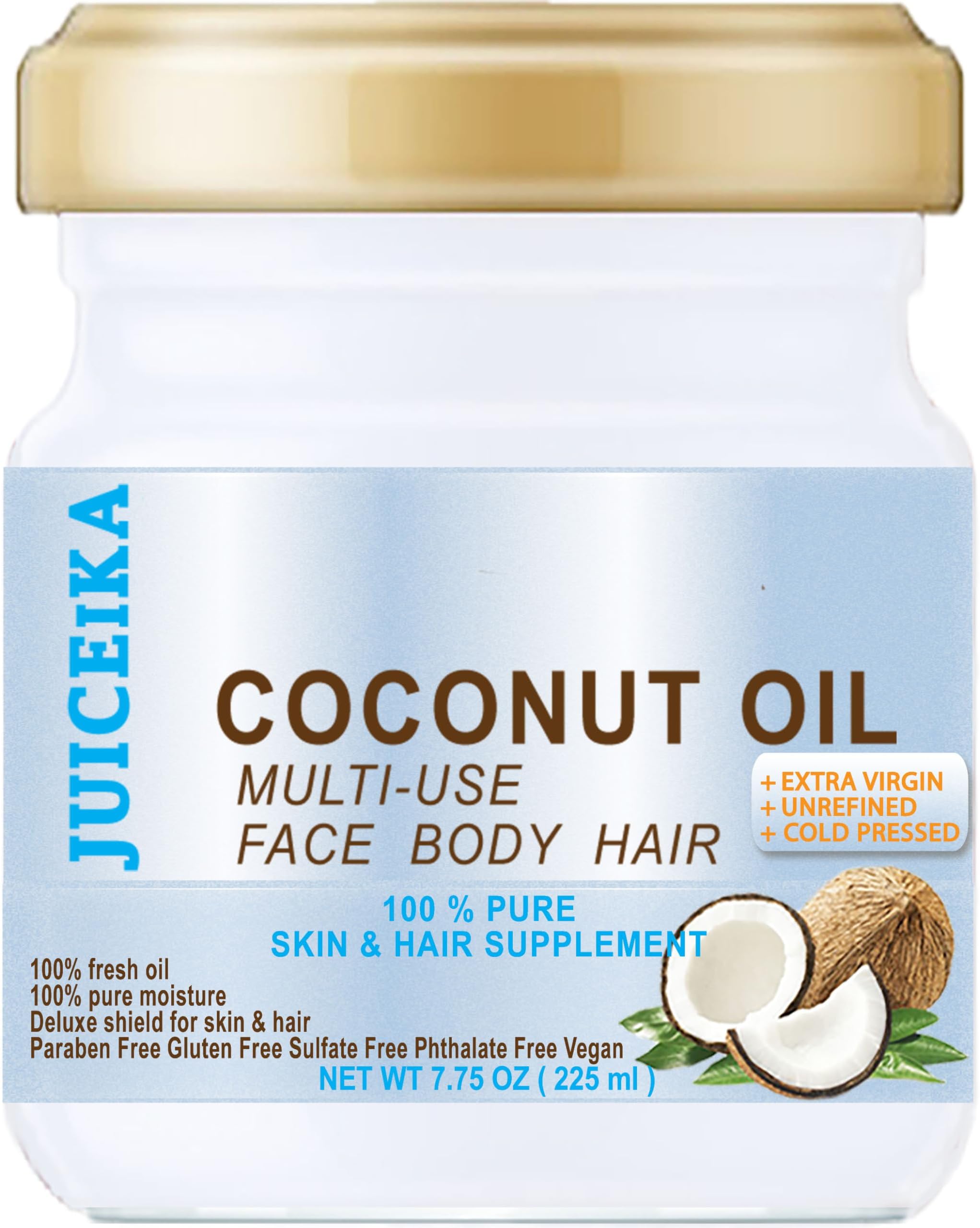 COCONUT OIL Pure EXTRA VIRGIN UNREFINED COLD PRESSED 7.75 Fl.oz 225 ml for Face, Skin, Hair, Lip, Nails by Juiceika