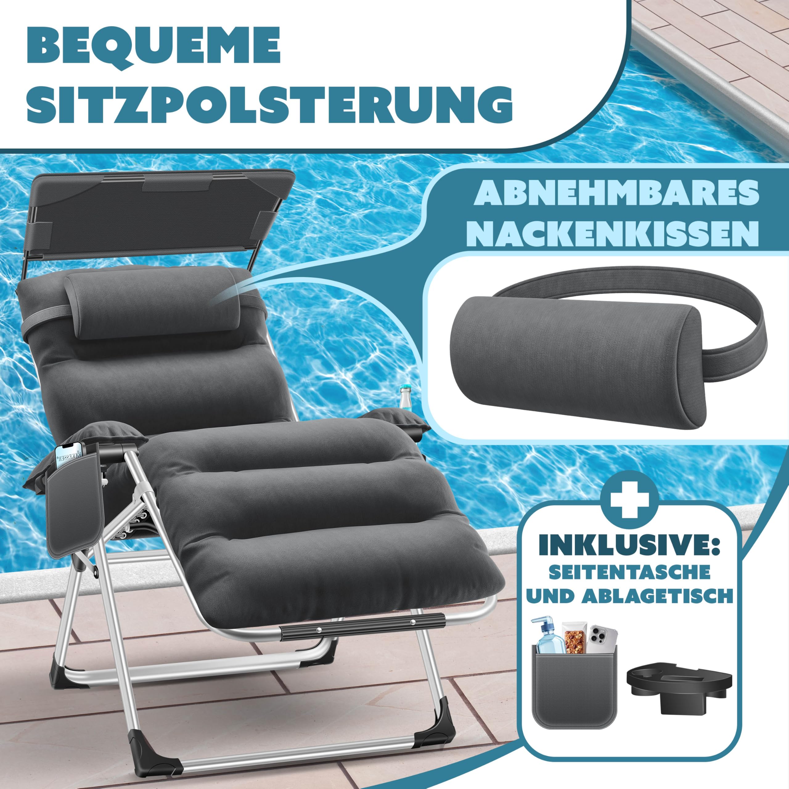 KESSER® Transat XXL - pliable, résistant aux intempéries, capacité 200 kg, revêtement ergonomique, dossier réglable, porte-gobelets et coussin pour les bras, avec auvent - Anthracite