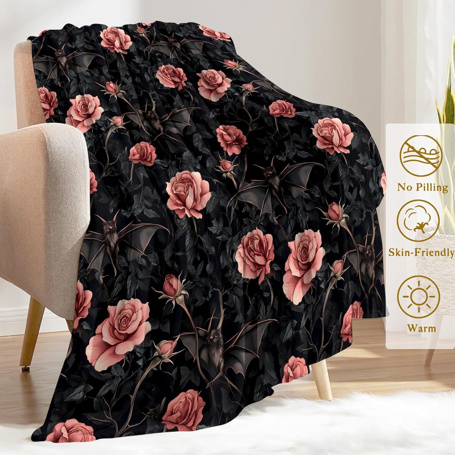 Gothic Bat and Rose Fleece Blanket - Lightweight Soft Cozy Gifts Throw for Goth Lovers, Kids,Women,Dark Romantic Black Blankets,Home Room Modern Halloween Decor 50x60in