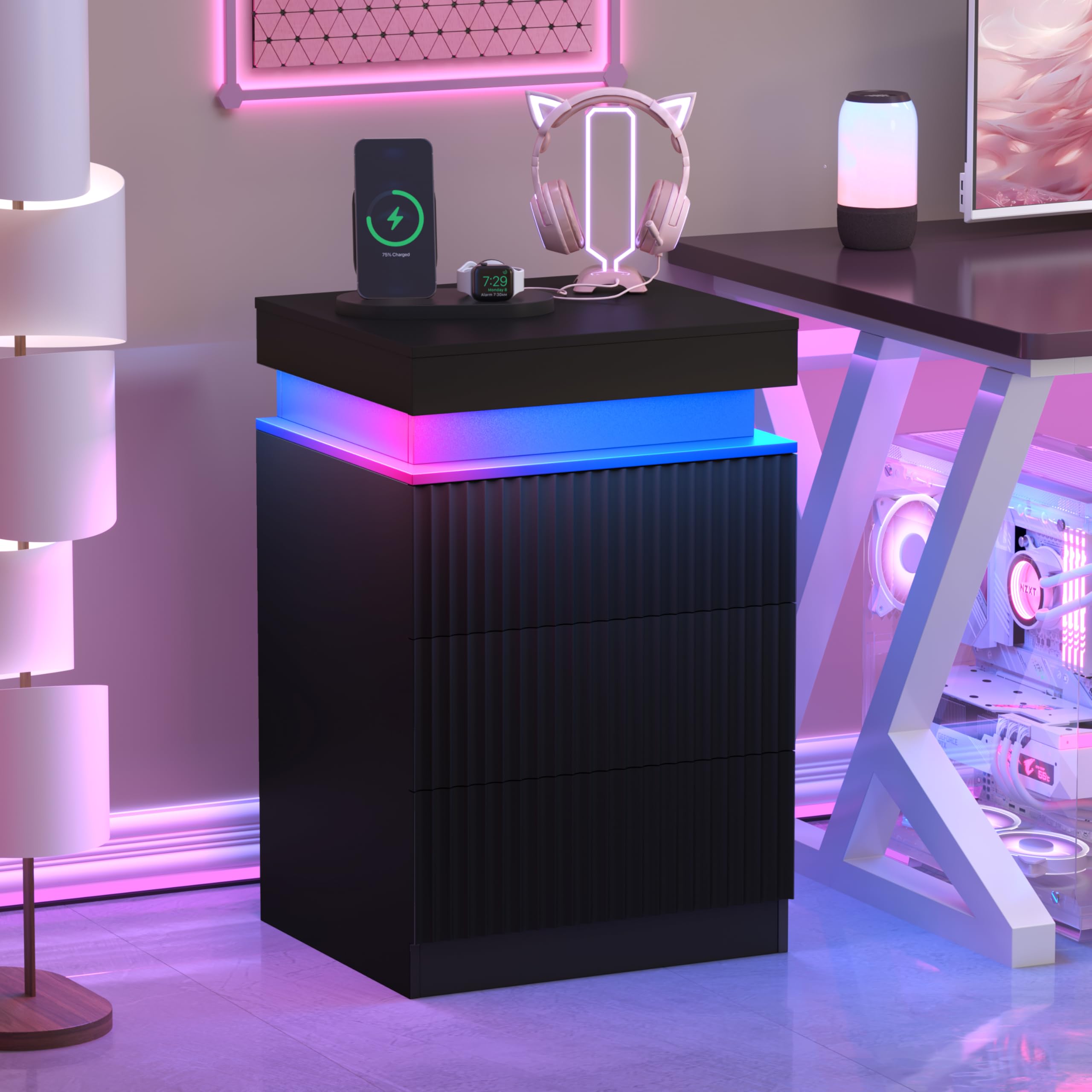 Fluted Nightstand with Charging Station and LED Light, Bedside Table with Sliding Top, USB Ports and AC Outlets, 3 Drawer Storage Cabinet, Modern End Table for Bedroom, Black
