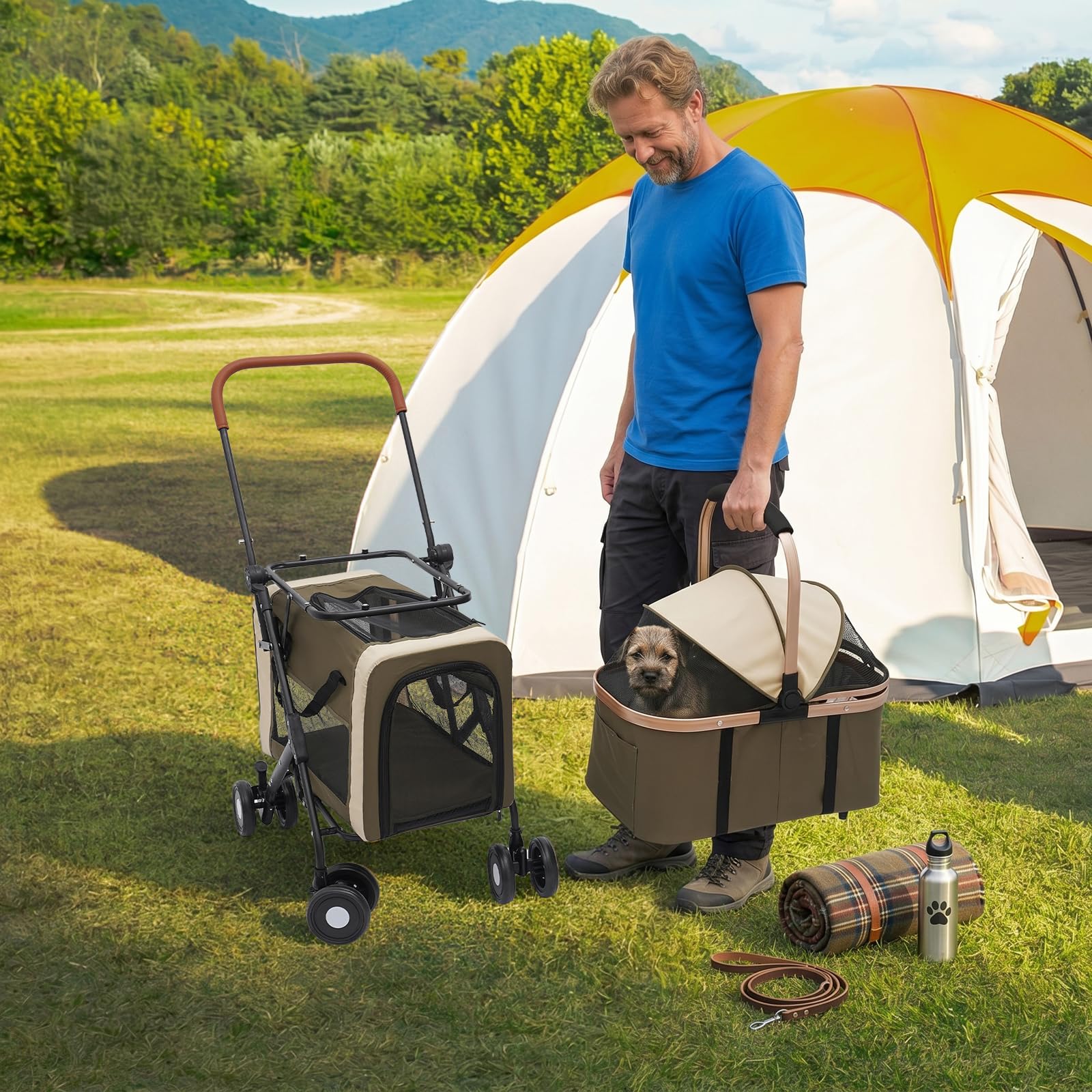 Passeggino per cani 3 in 1, 2 ripiani, con finestre a rete, tasche e imbottiture, Oxford e metallo, passeggino per animali domestici fino a 35 kg, pieghevole, per cani, gatti, animali domestici (verde