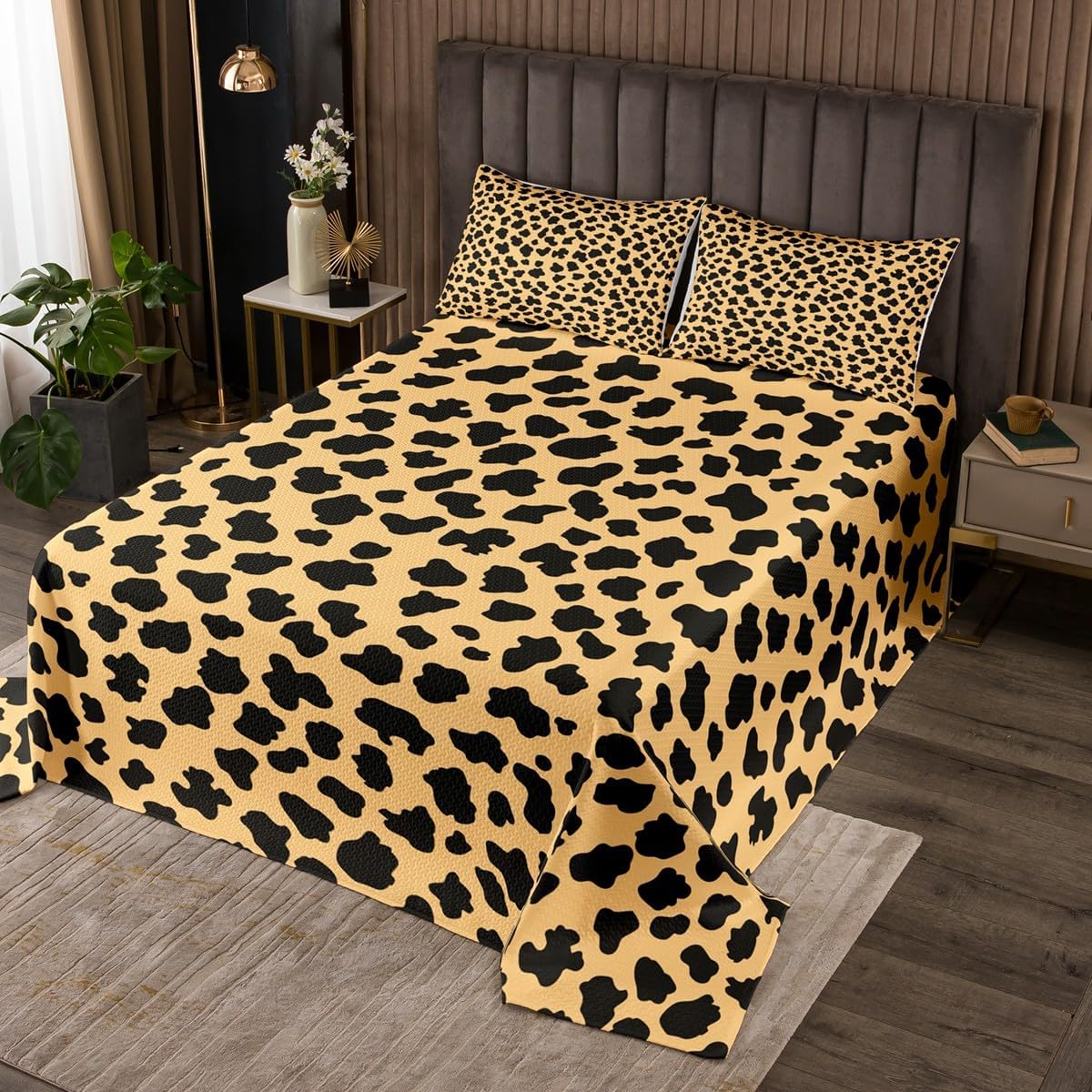 Manfei Leopard Kids Bedspread Twin Size,Cheetah Wild Animal Trendy Coverlet Set,Girls Boys Room Decor,Modern Fashion Vintage Quilted Coverlet,Yellow Black Bedding Quilt,1 Pillowcase