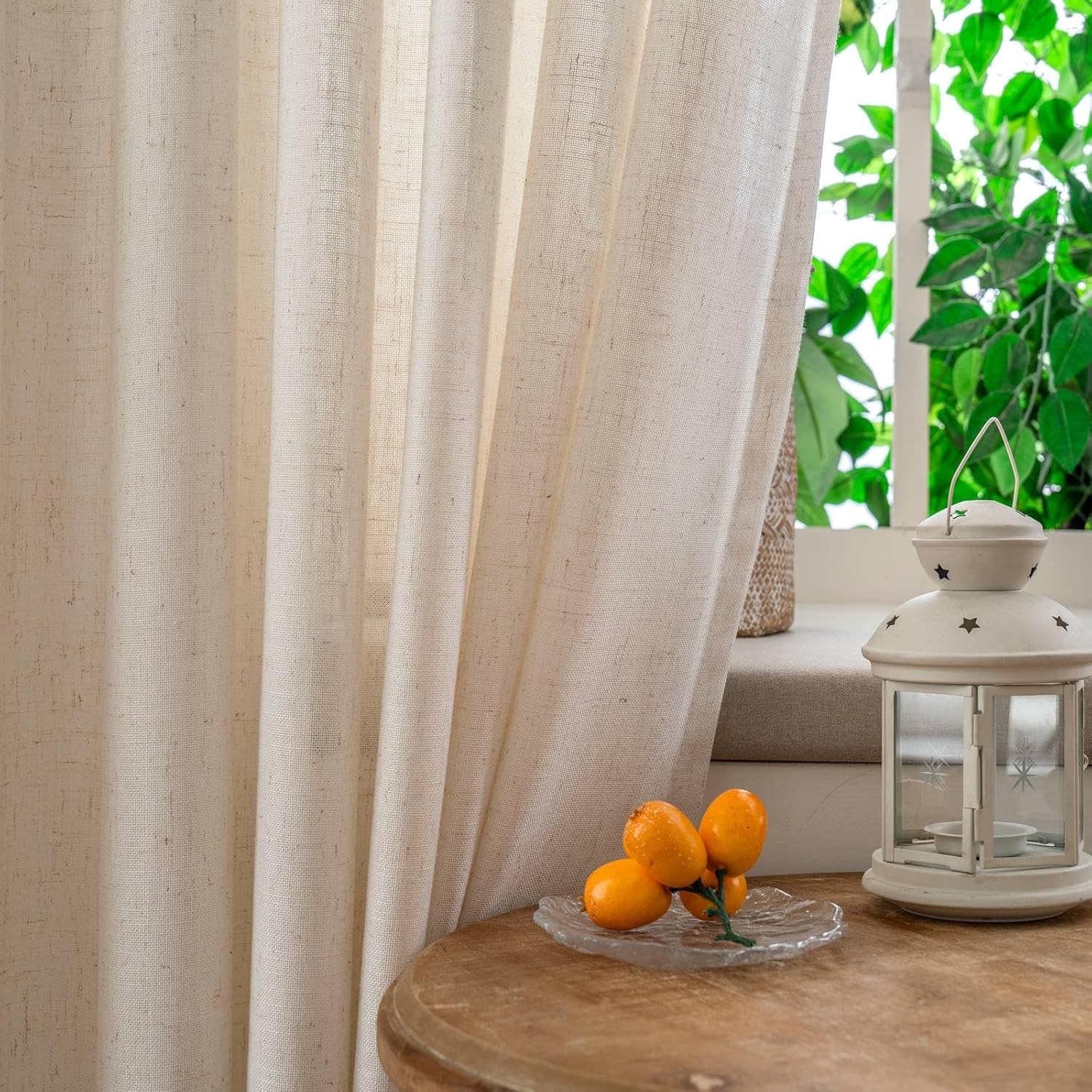 Faux Linen Beige Sheer Curtains 90 Inches Long 2 Panels, 50 Inches Width, Semi-Transparent Hook Curtains, Suitable for Bedroom and Living Room