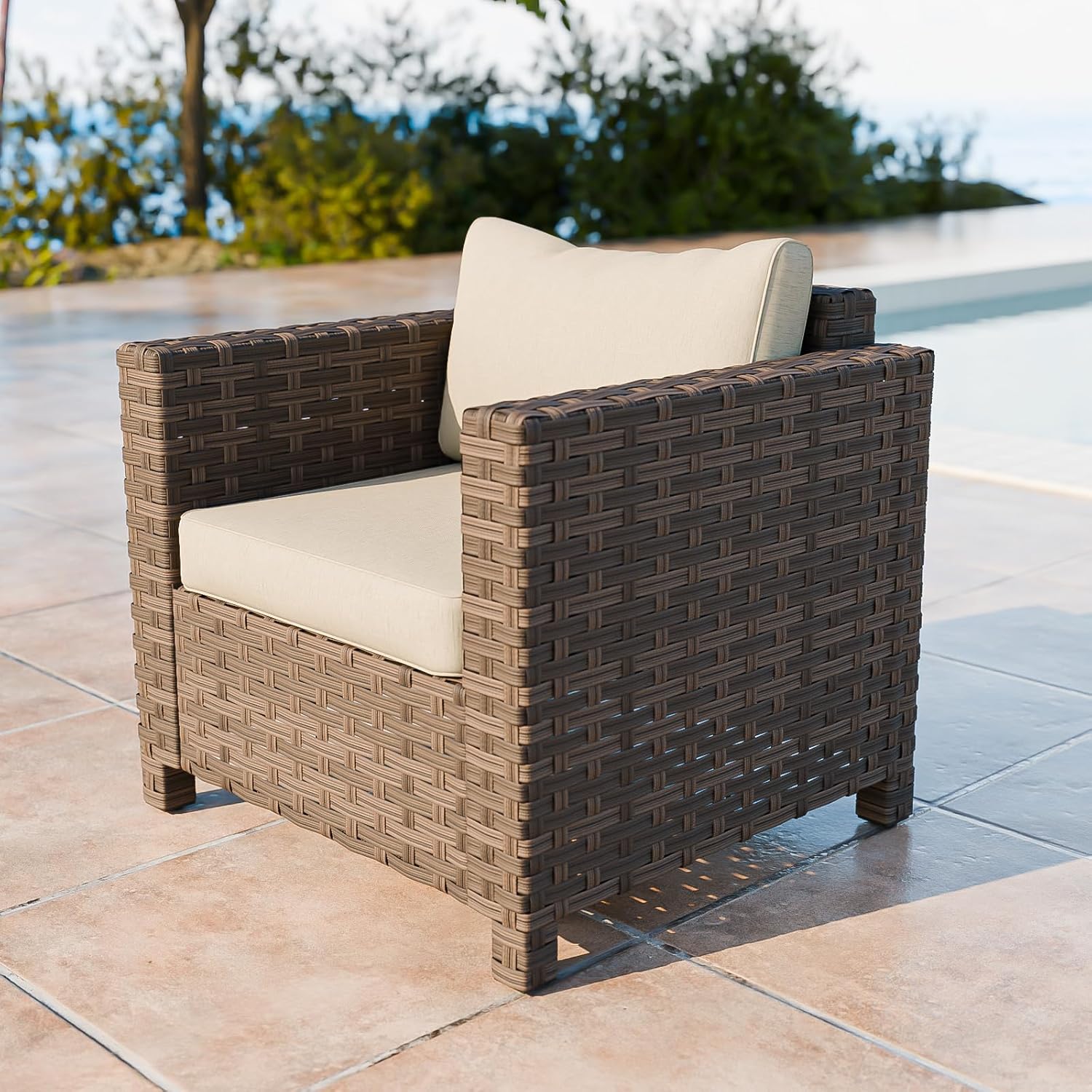 COOS BAY Lanai Chic Outdoor Chair, Deep Seating Patio Chair, Modern Outdoor Armchair, 1 Piece, Brown/Beige
