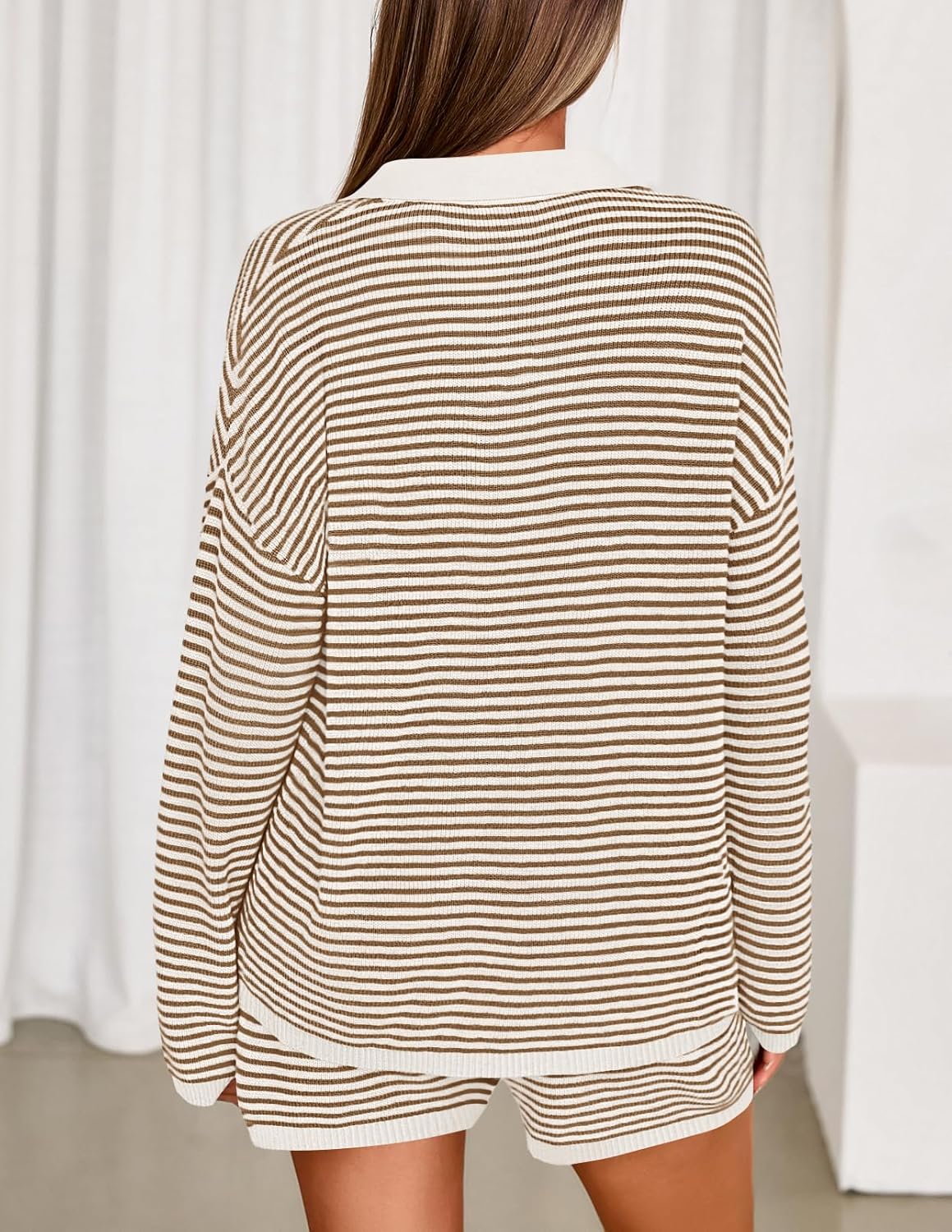 MEROKEETY Lounge Sweater Sets for Women 2 Piece Outfits Casual Long Sleeve Striped Tops Shorts Matching Set - Image 4