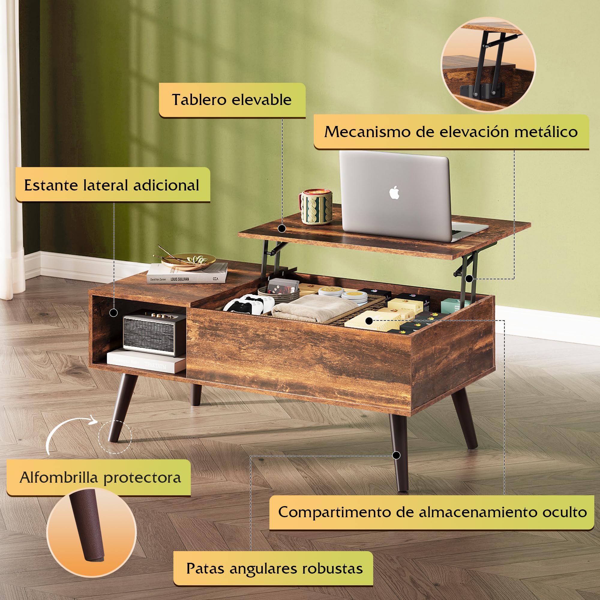 WLIVE Mesa de Centro Elevable y Extensible, Mesa de Salón con Almacenaje Oculto y Estantes Abiertos, Mesa Auxiliar Rectangular, Marrón Rústico