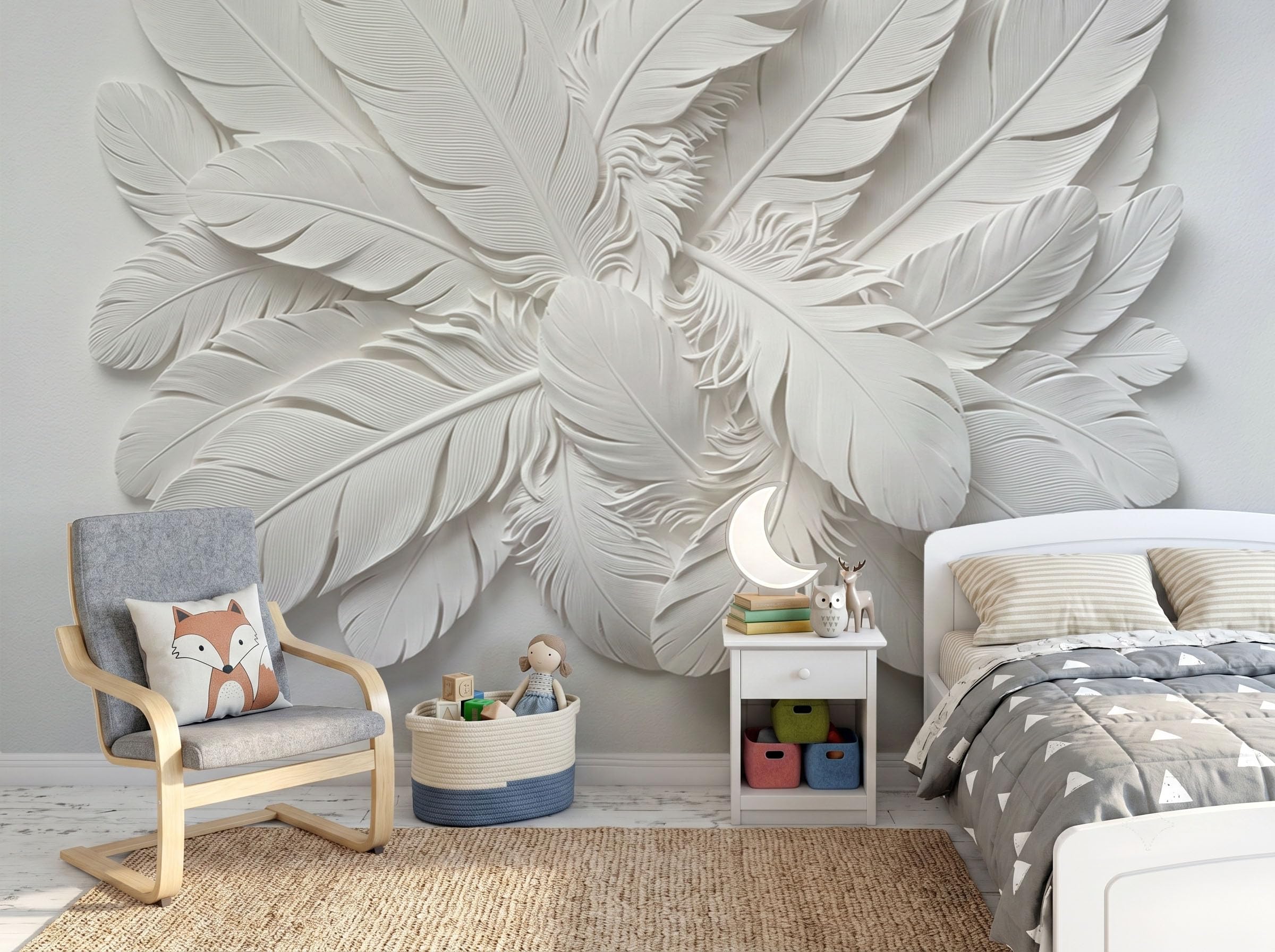 Fototapete Vlies Tapete 3D Effekt Fototapeten Minimalistisches 3D-Federrelief Vliestapete Einfarbige Federn Tapeten Creme Moderne Wandtapete, Wohnzimmer, Tv Hintergrund Deko, 250X175Cm (B×H)