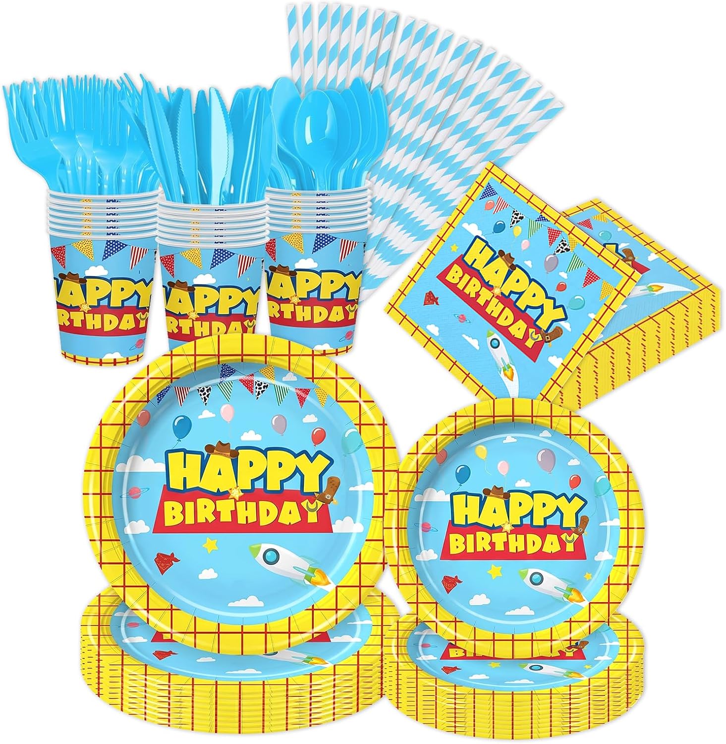 Meiqi 192Pcs Cartoon Kids Party Plates Set - 24 Each 7" 9" Plates, Cups, Napkins, Forks, Knives, Spoons & Straws - Disposable Tableware for 24 Guests - Fun Cowboy & Cloud Designs Birthday Supplies