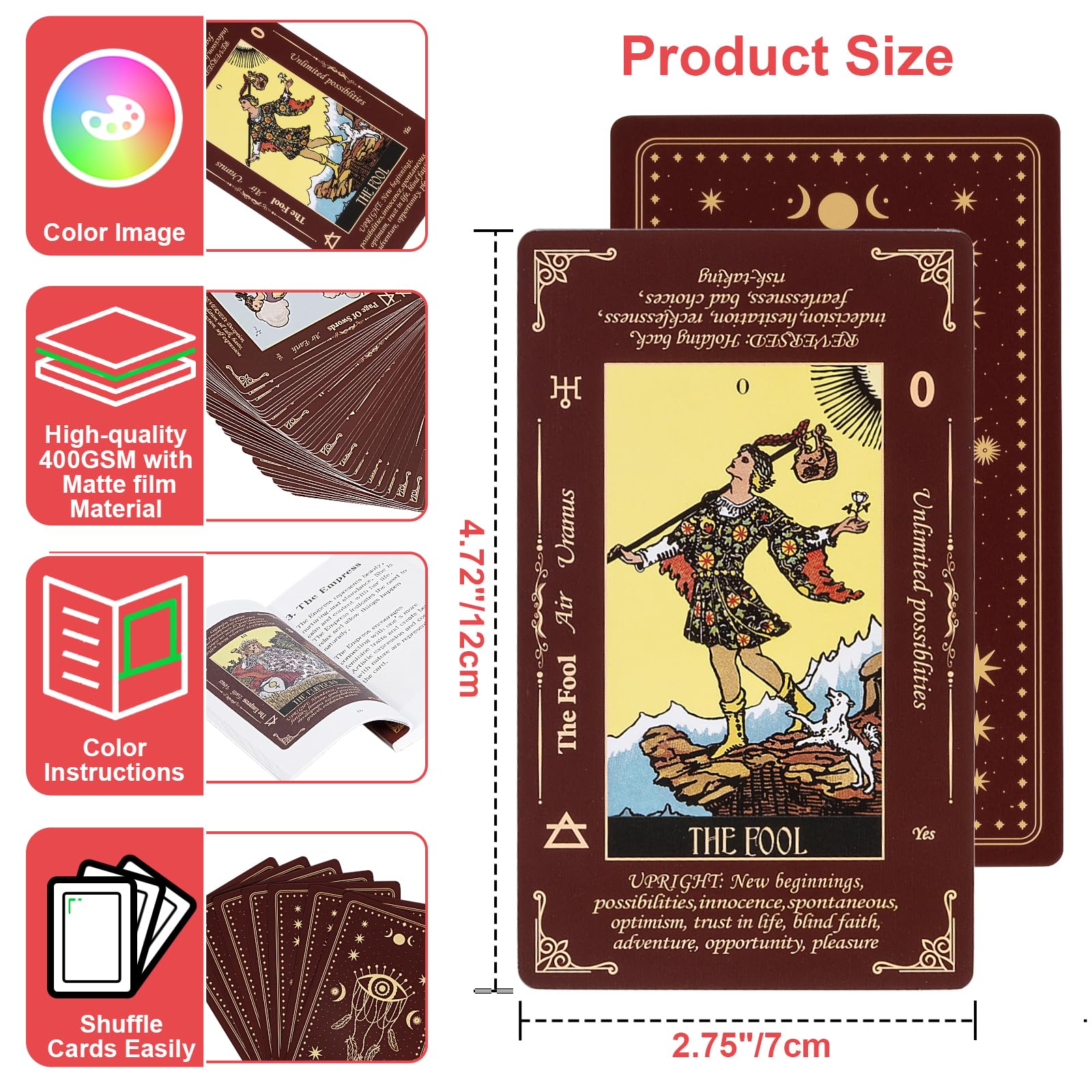 MAKABEE Tarot Card Game, 78 Pieces Tarot Deck, Classic Tarot Cards for Beginners and Experts with Guide Book, Mindfulness and Self-Discovery Tool, Spiritual Gift for All Skill Levels, Red