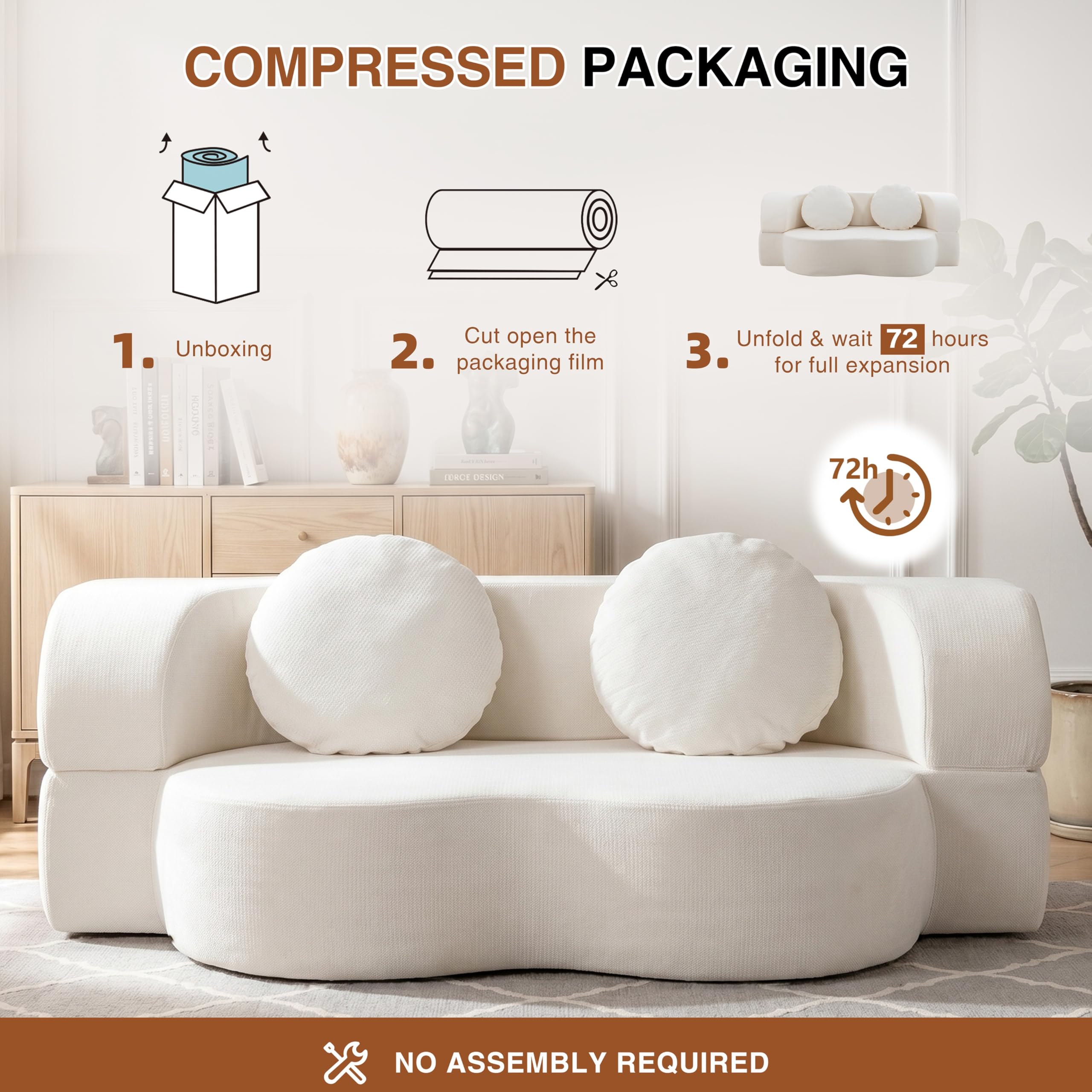 Shintenchi 78" Convertible Sofa Bed, Sleeper Boneless Futon Sofa, White | 2-in-1 Loveseat Floor Couch, Full Size Foldable Guest Bed, with 2 Pillows, Memory Foam, for Living Room Bedroom, No Assembly