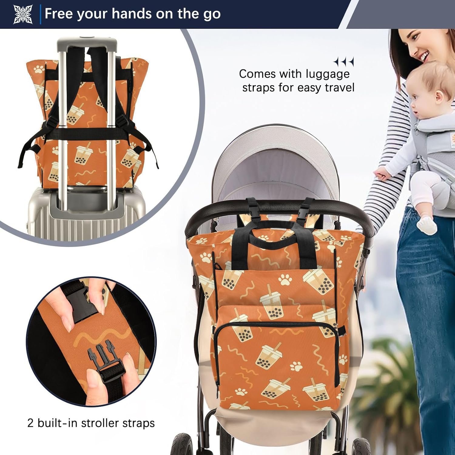 Cute Paw Orange Print Diaper Bag Backpack for Baby Boys Girls Multifunction Baby Essentials Travel Tote with Stroller Straps & Bottle Storage Nappy Changing Bag for Moms Dads Baby Shower Gifts
