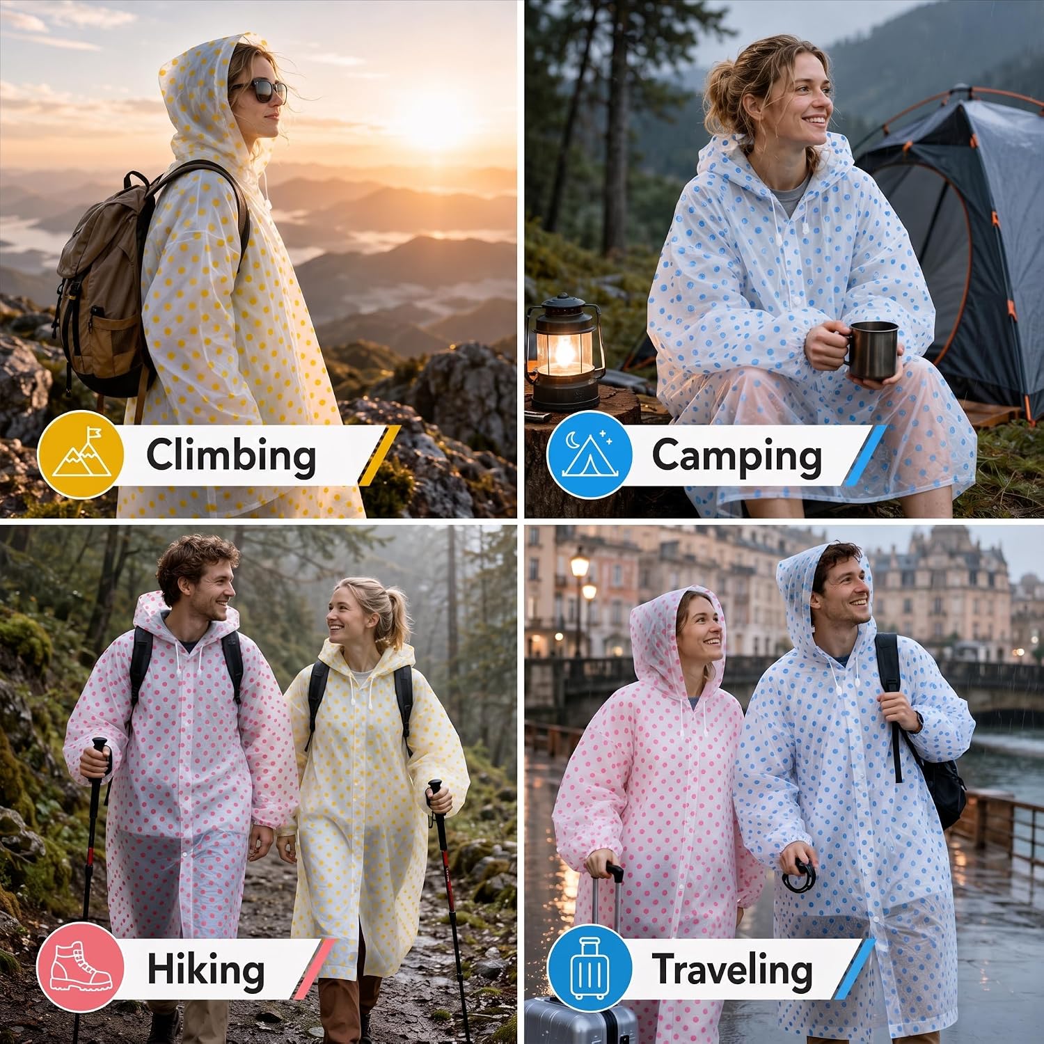 9 Pcs 3 Colors Reusable Rain Ponchos, EVA Waterproof Raincoat with Drawstring for Adults, Men, Women, Fashion Hooded Rain Coats Jacket with Polka Dot Pattern for Camping, Travelling