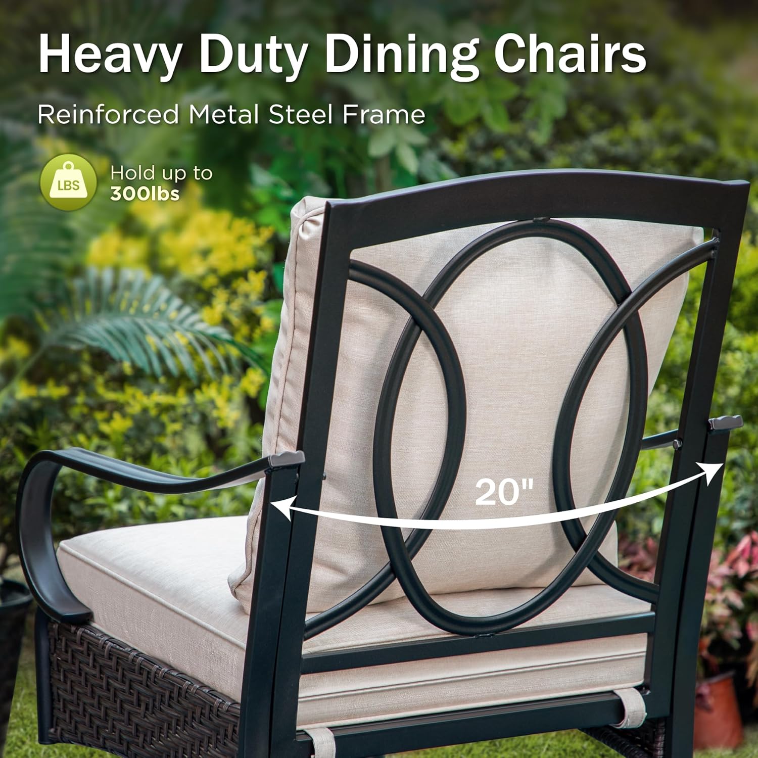 PHI VILLA Outdoor Dining Set of 4, Heavy Duty Outdoor Metal Wicker Dining Chair with Thick Cushions, Large All Weather Wrought Iron Deck Chair for Outisde, Porch Backyard, Support 300lbs
