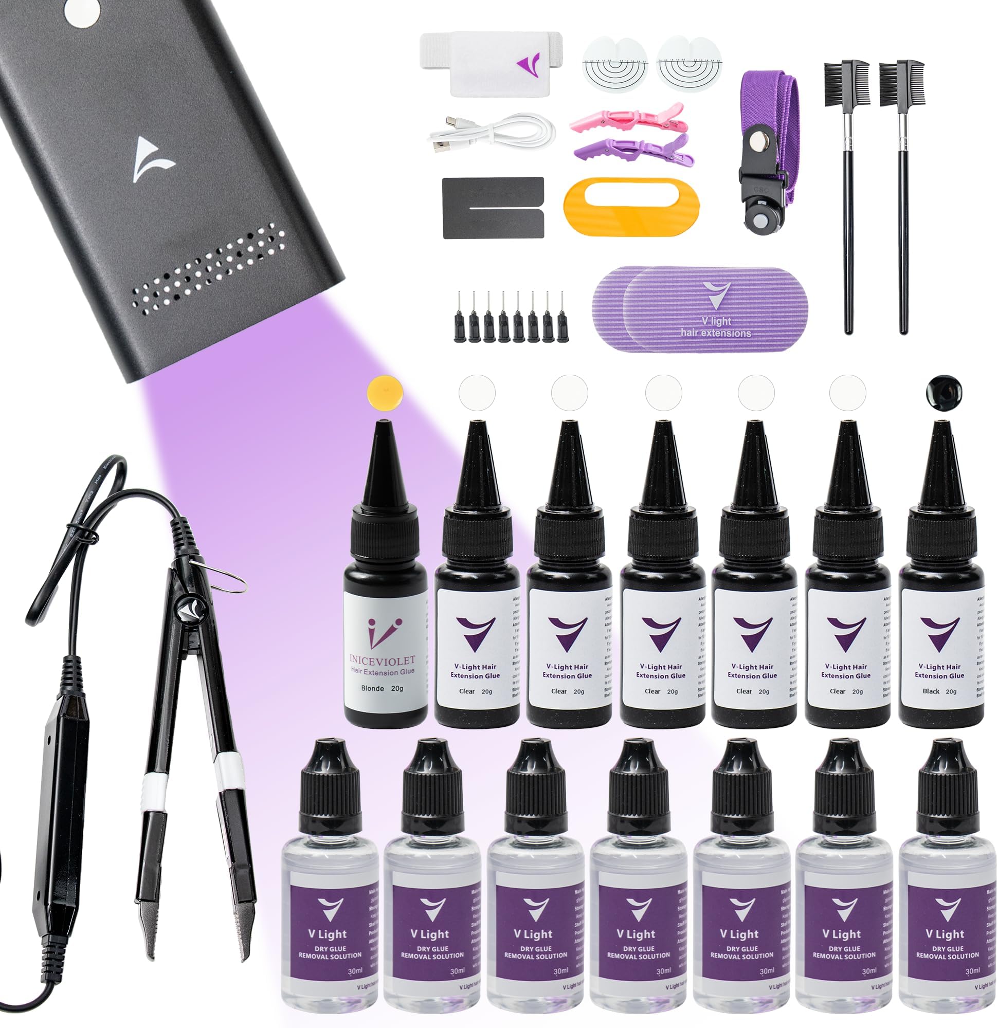 V Light Hair Extension Machine Kit – Professional V-Light Hair Extensions Tool Set with Machine, Glue x7 & Remover x7 – Fast, Safe & Long-Lasting Hair Extensions