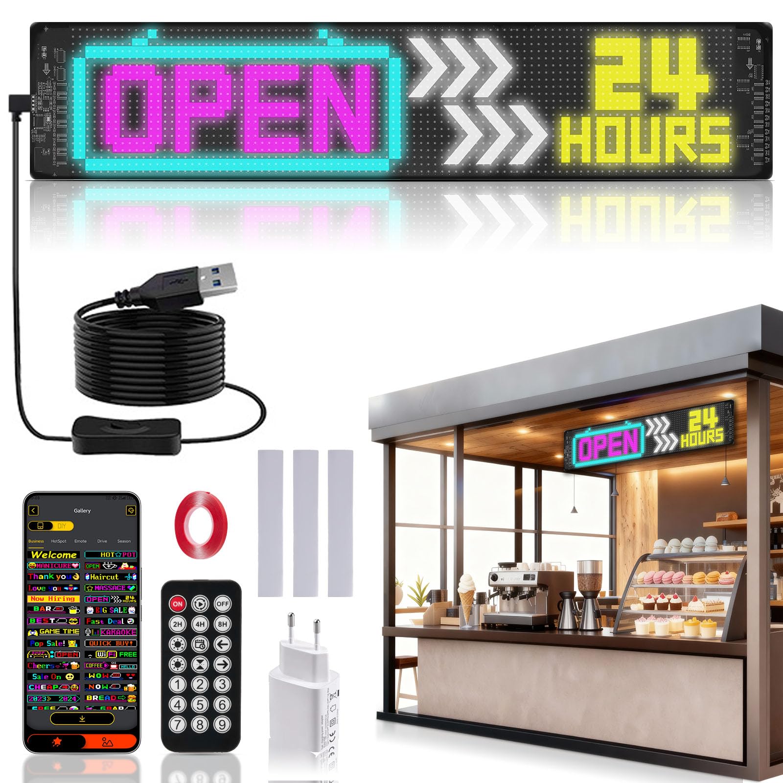 19 * 90Cm Flexibler LED Anzeigetafel, Programmierbare RGB-Laufschrift per Bluetooth Smart App, Devil Eyes Augen für Auto，Personalisiert für Bar, Werbung, Restaurant, Store, Party Dekoration