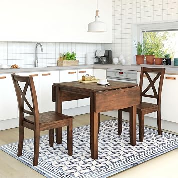 Harper & Bright Designs 3-Piece Wood Drop Leaf Dining Table Set with 2 X-Back Chairs, Space-Saving Breakfast Nook Dining Set, Brown