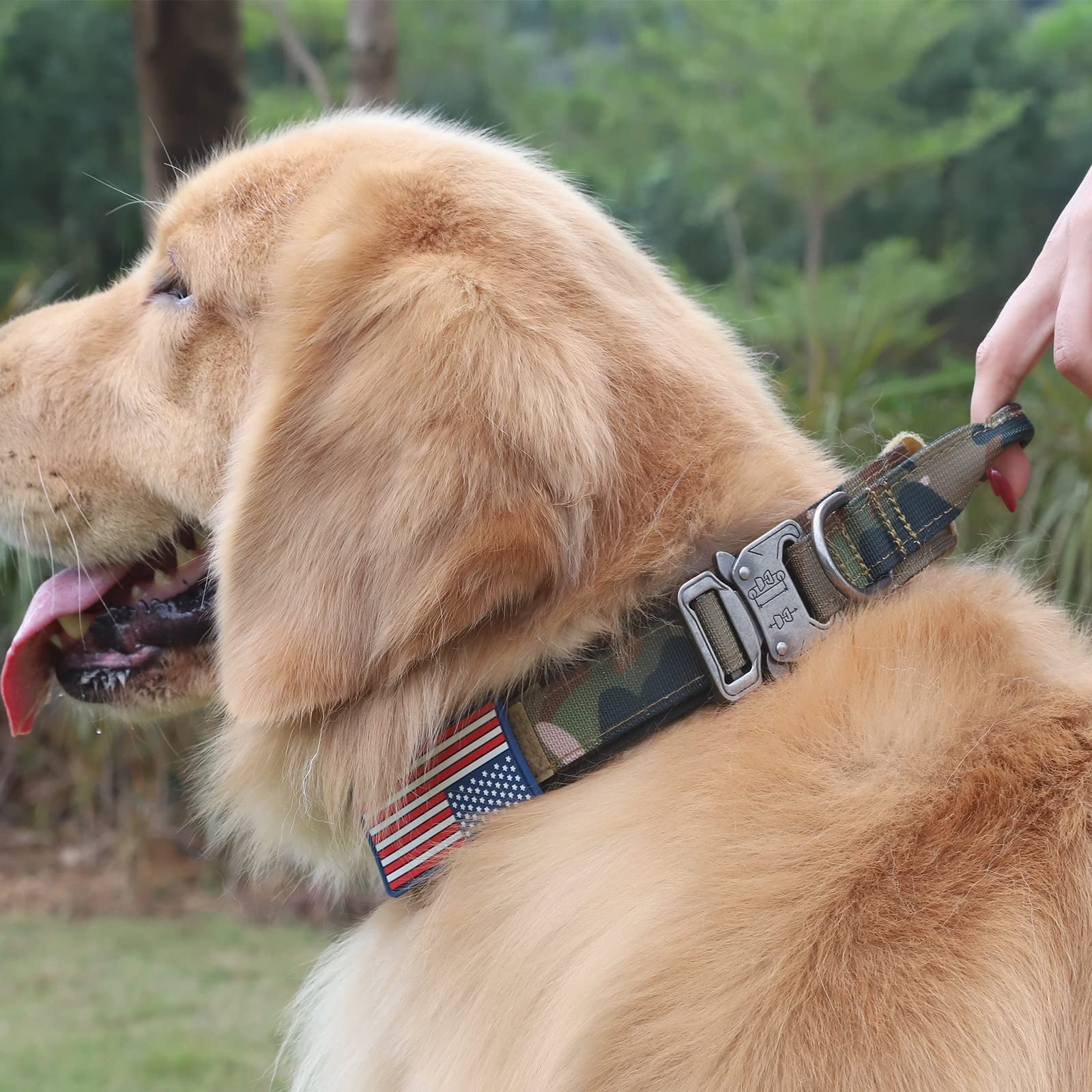 Collar táctico para perro, collar militar de nailon ajustable, hebilla de metal resistente con asa para entrenamiento de perros, con parches (M, camuflaje)