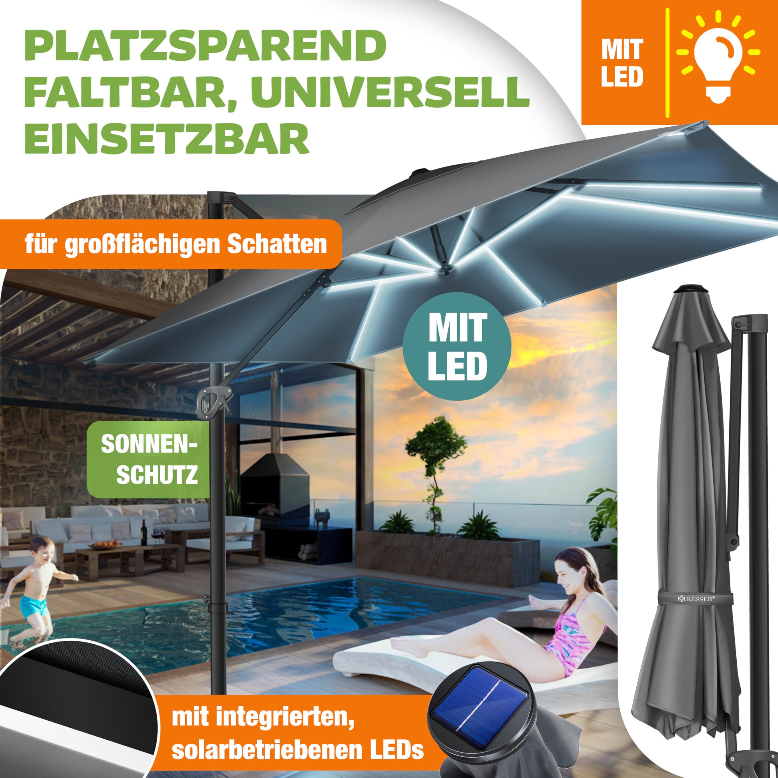 KESSER® Sonnenschirm Ampelschirm SUN XL 300 x 300 cm Inkl. Abdeckung + Windsicherung Drehbar Neigbar Kippbar Marktschirm Groß 360° Rotation, Gartenschirm mit Kurbel Sonnenschutz UV50+, Anthrazit