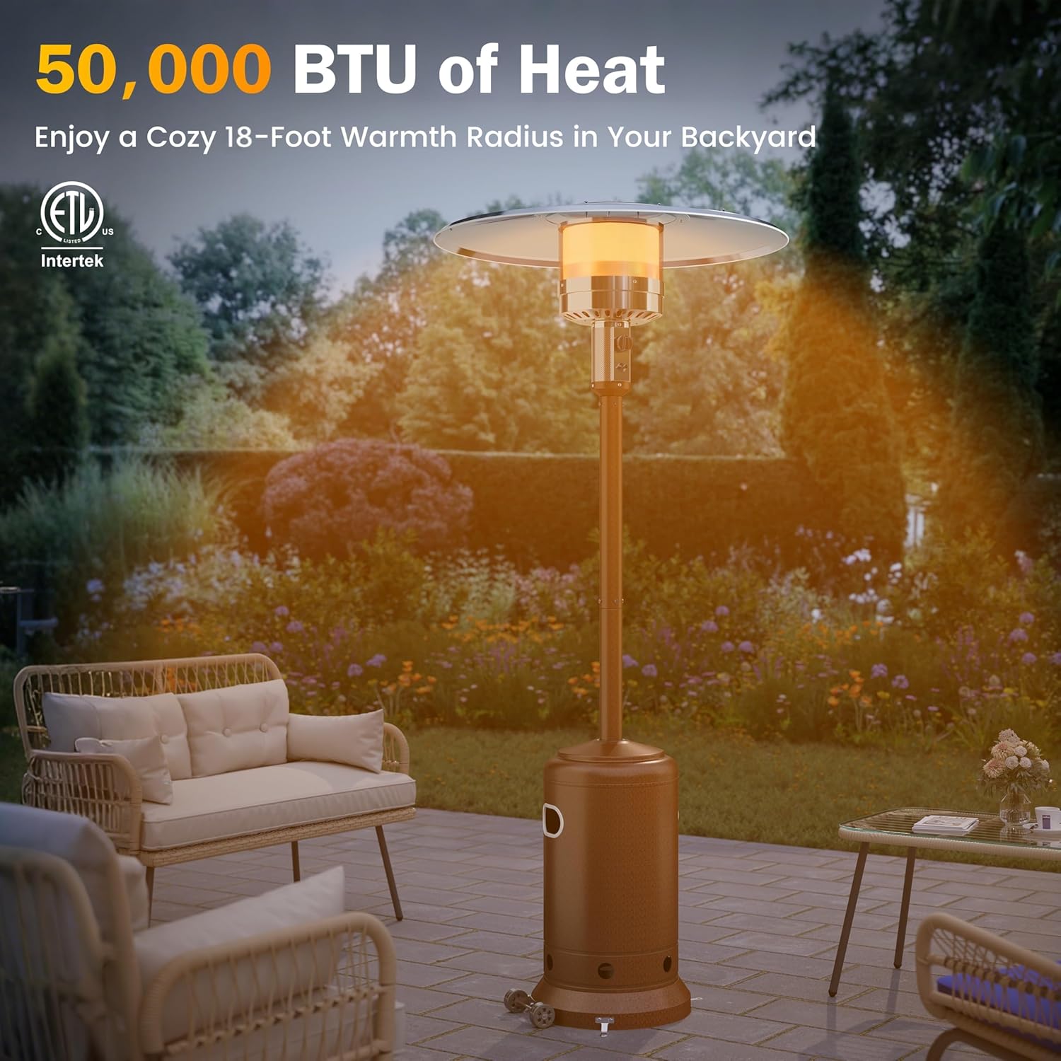 Sundale 50,000 BTU Patio Heater with wheels, Double-Layer Stainless Steel Burner Gas Powered Heaters for Outdoor Use, Propane Patio Heater for Home and Commercial Use, Heats Up to 18ft (Brown)
