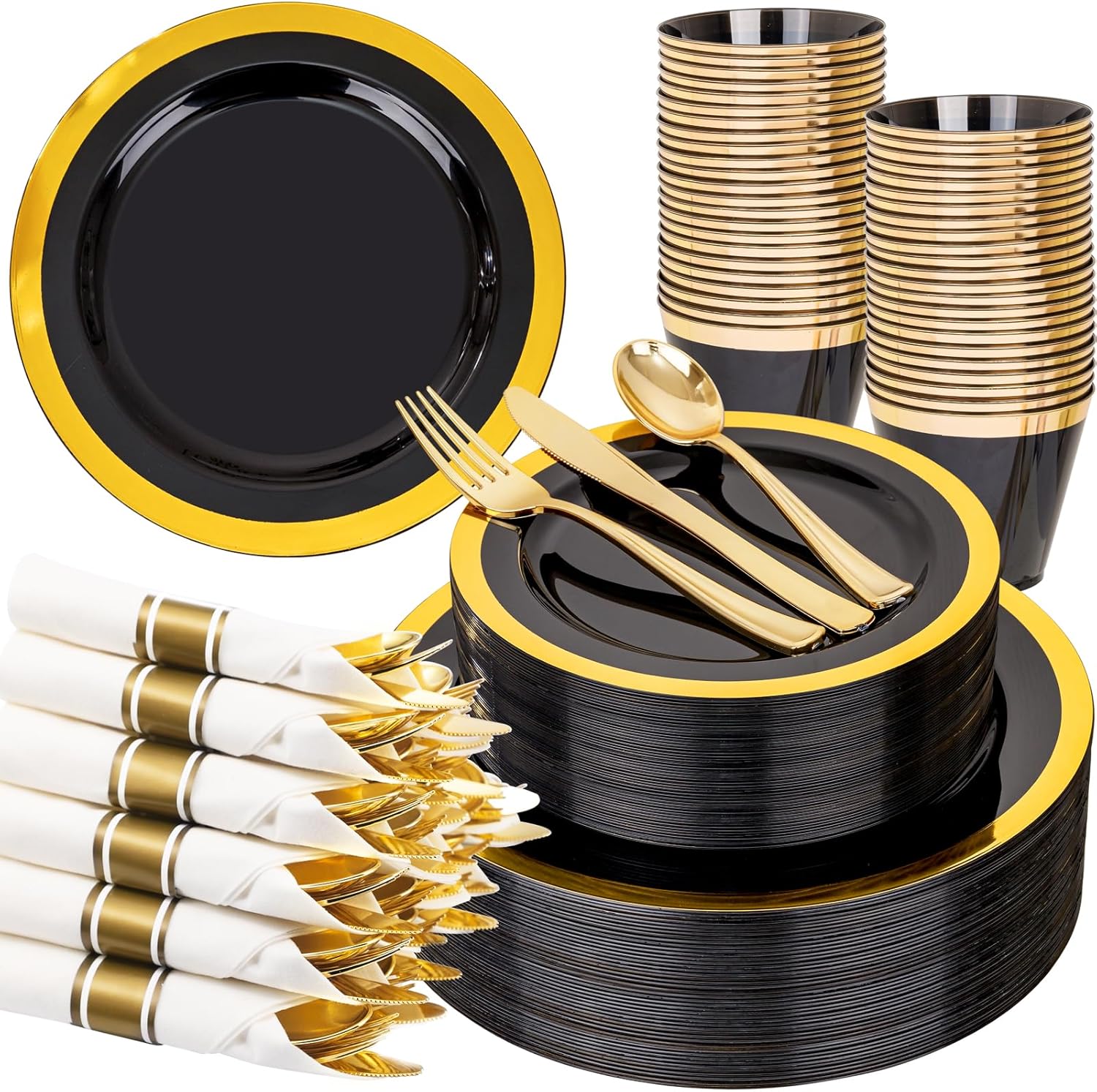 YOUBET 350PCS Black and Gold Plastic Plates - Gold Disposable Dinnerware Sets for 50 Guests - 100 Plastic Plates, 150 Gold Silverware, 50 Cups, 50 Pre Rolled Napkins for Party & Wedding