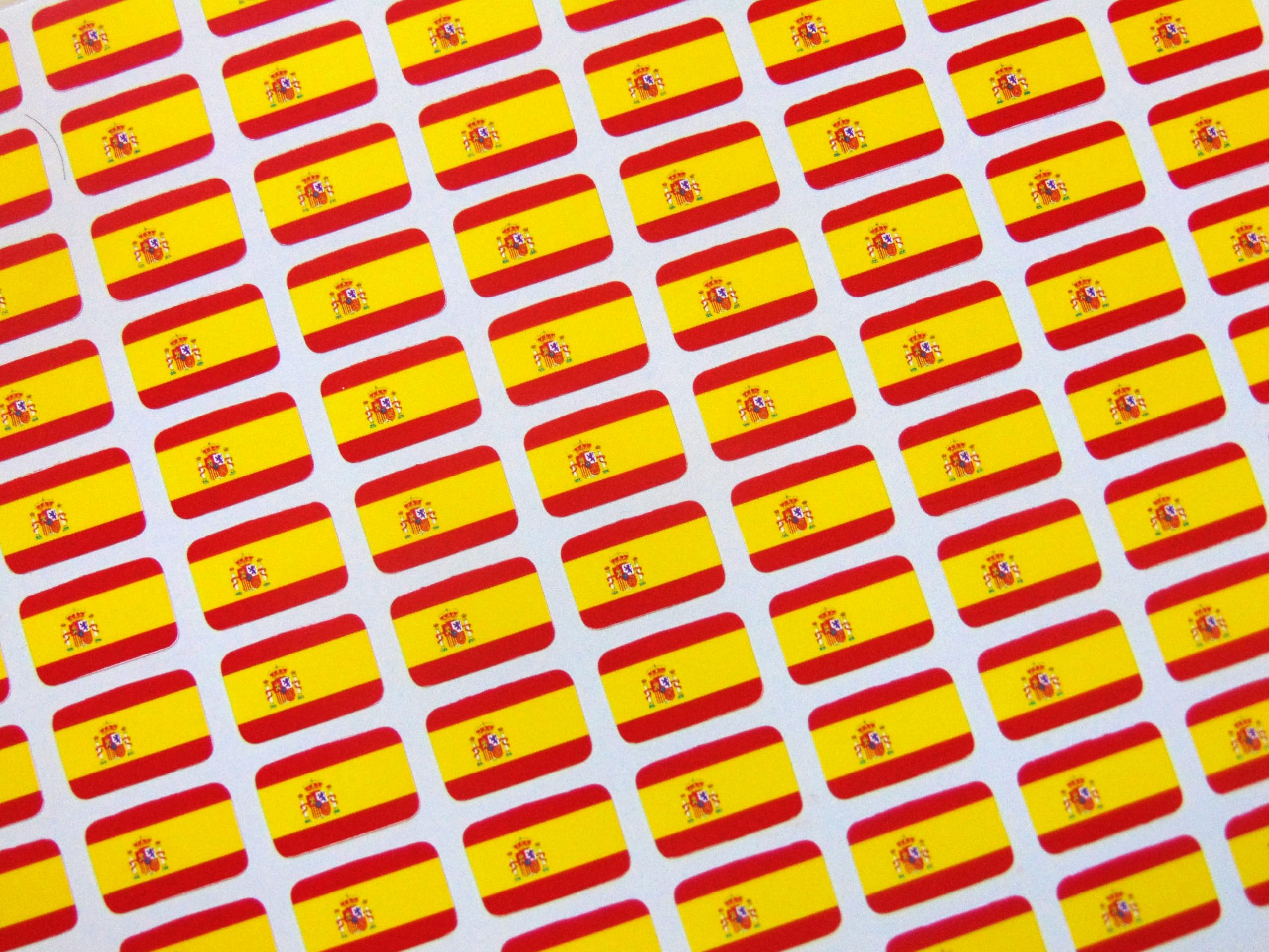 Pack of 110 Small Mini 16x10mm Spain Spanish Durable Plastic Flag Stickers, Sticky Labels