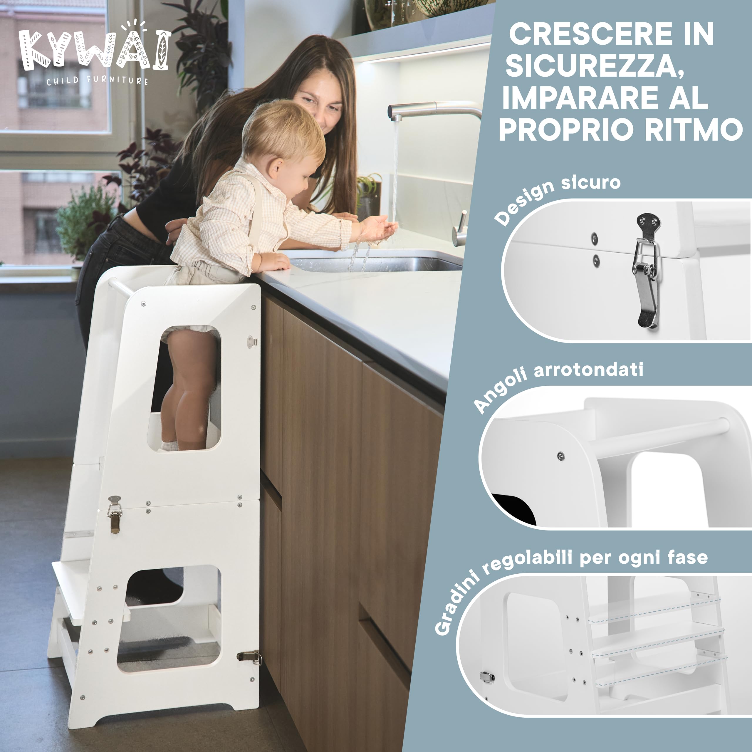 Torre Montessoriana Bambini Premium 3 en 1 Convertibile in Scrivania e Sgabello - Torre Montessoriana Pieghevole - Azienda Sostenibile Impegnata nella Riforestazione, Struttura Solida (Bianco)