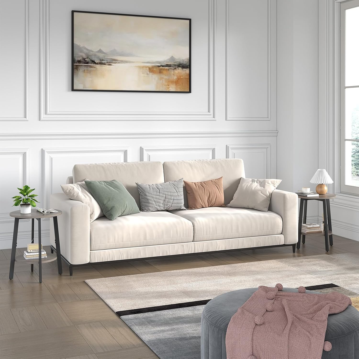 sthmec Side Table Set of 2, Small Round End Table with Storage Shelf for Small Space, 2-Tier Bedside Table Sofa Couch Table, Nighstands Set of 2 Accent Table for Living Room, Bedroom, Grey