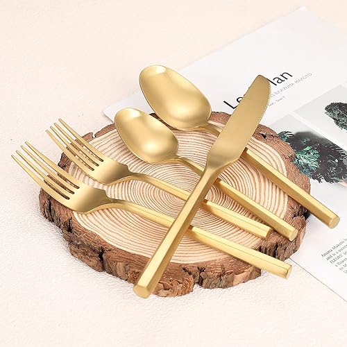Miniatura 4 de Juego de Cubiertos Mate Plateados Juego de Cubiertos Dorados con Mango Hexagonal 20 Piezas Juego de Cubiertos de Acero Inoxidable 180 Regalo de Boda