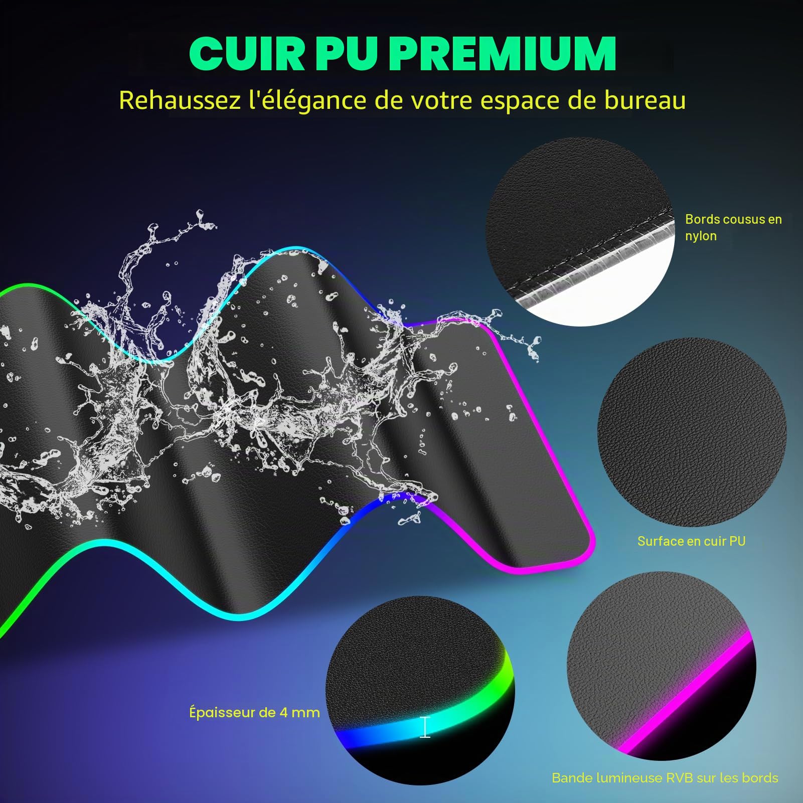 GIM Tapis de souris de jeu PU en cuir sans fil avec chargement sans fil RGB 15W, tapis de souris LED 203x76x10 mm, 10 modes d'éclairage, tapis de souris extra grand avec base en caoutchouc