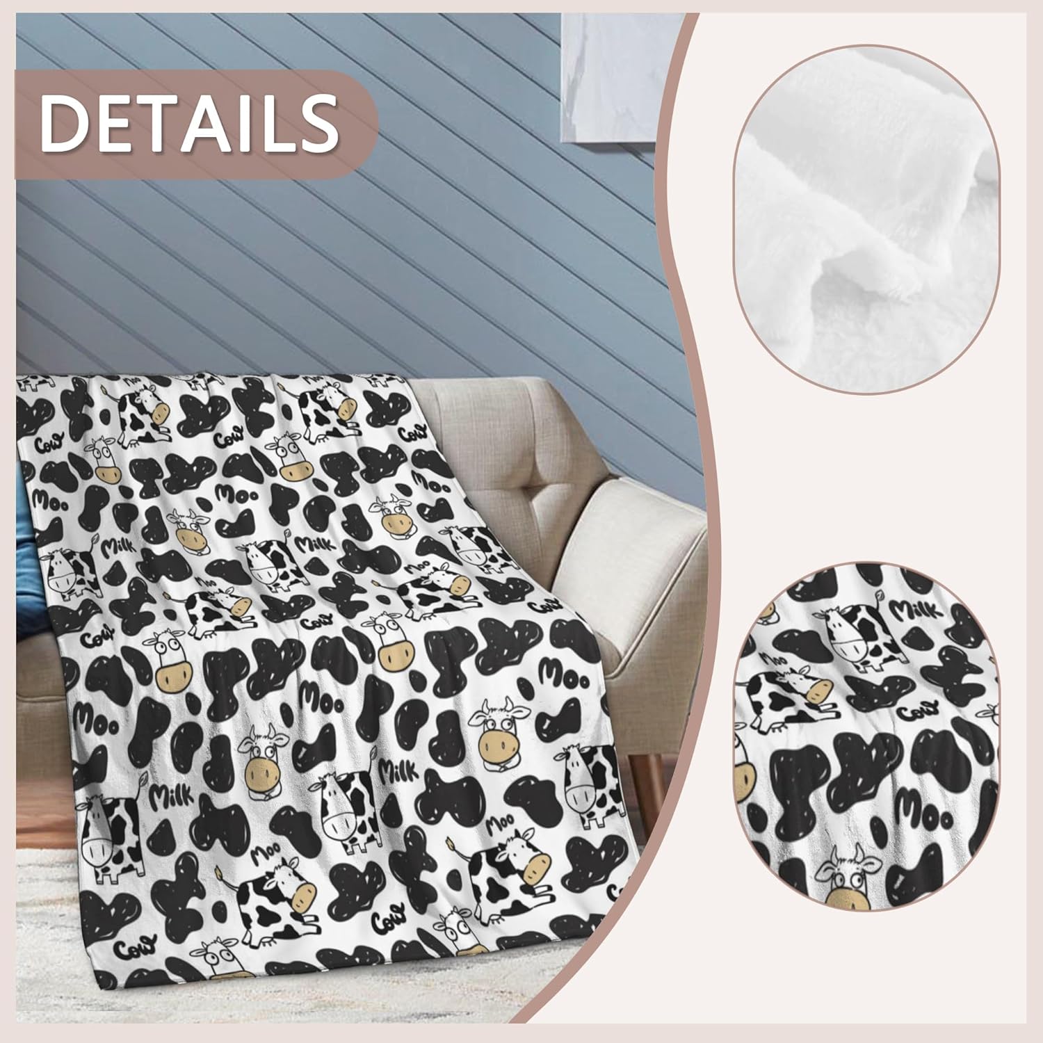 Cow Print Blanket,Cute Cow Print Throw Blanket for Kids,Cow Gifts Soft Cozy Plush Blankets for Couch Sofa Bed Camping 60"x50" - Image 3