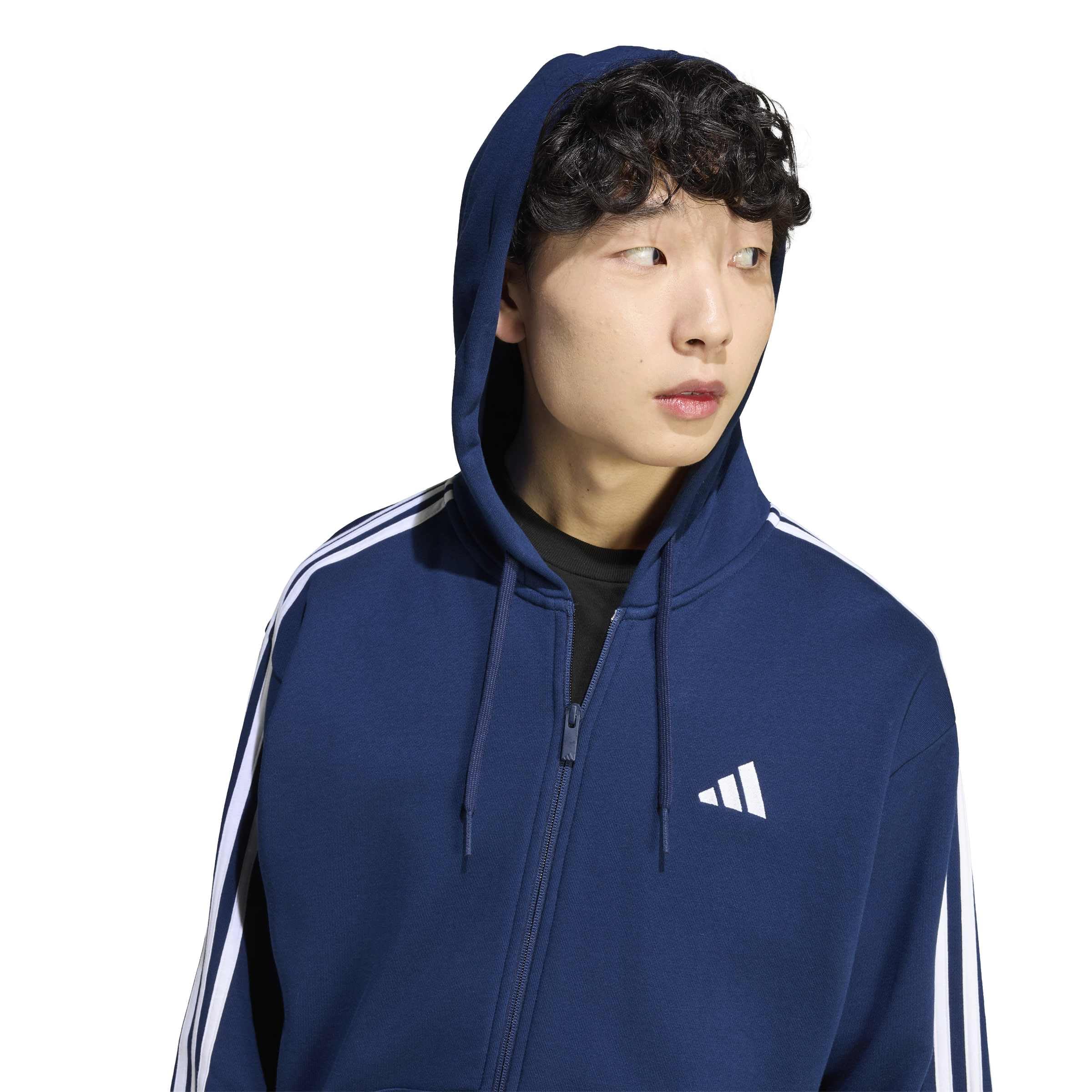 adidas Homme Essentials 3-Stripes French Terry Full-Zip Hoodie Sweatshirt, Team Navy Blue 2/White, M