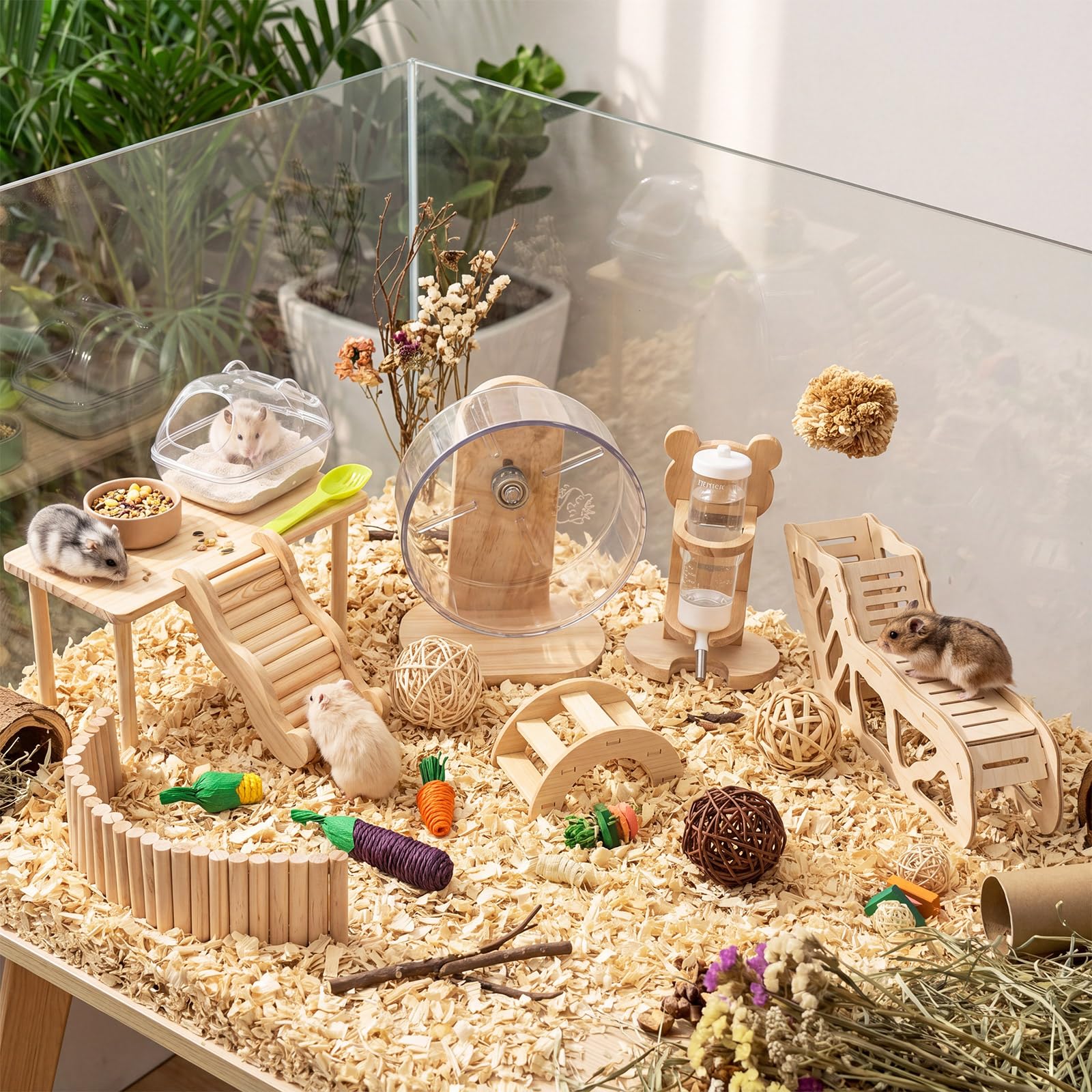 Marsui 17-teiliges Hamsterkäfig-Zubehör, inklusive Hamsterplattform, Versteck, Tunnel, leises Rad, Kletterleiter, Zaun, Wasserflaschen-Set mit Sandspiel, Kauspielzeug für kleine Tiere