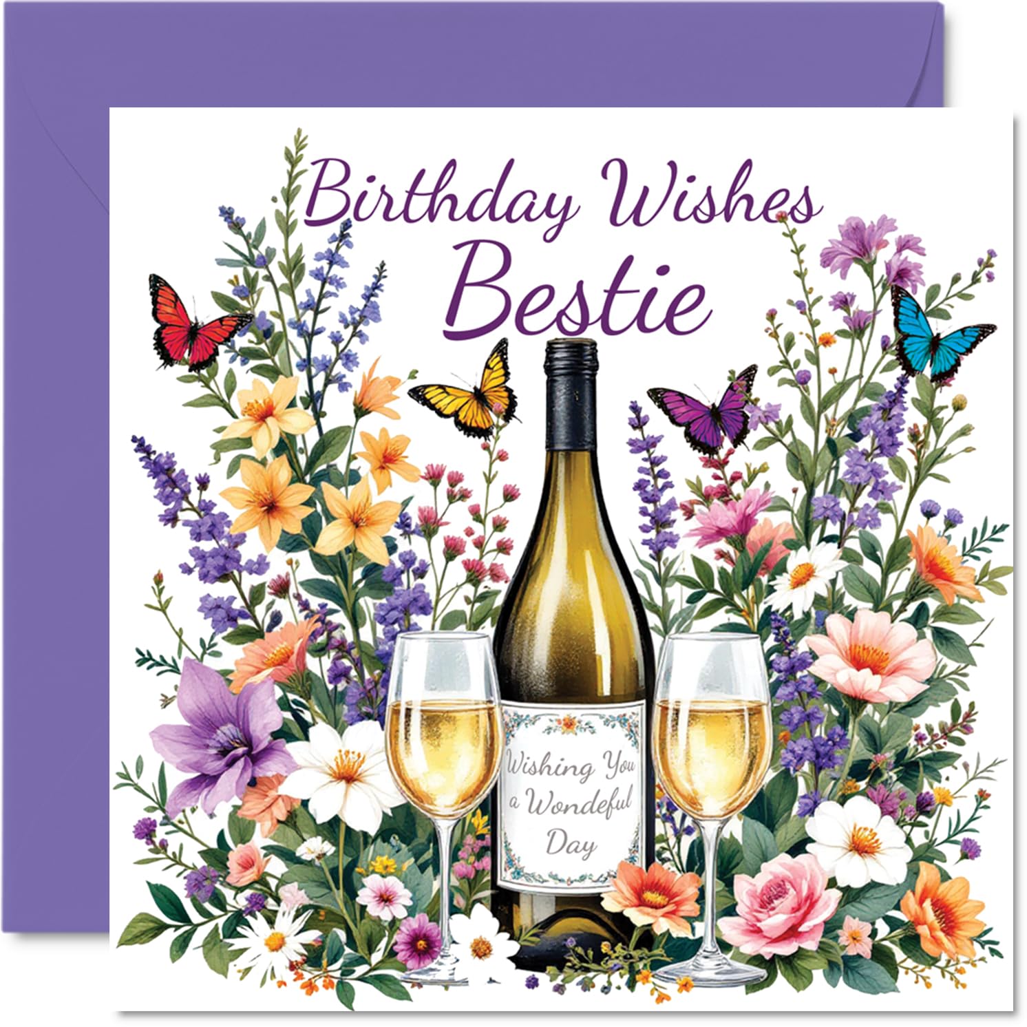 Bestie Birthday Card - Flowers & Wine - Happy Birthday Card for Bestie from Best Friend Family, 145mm Flowers & Wine Bday Greeting Cards