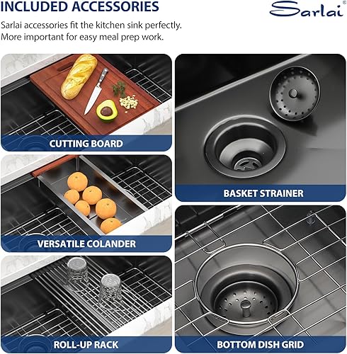 Vista 42 de Sarlai Fregadero doble de 33 piezas para empotrar - Fregadero de cocina de 33 x 19 pulgadas, acero inoxidable de calibre 16, esquina redonda, doble