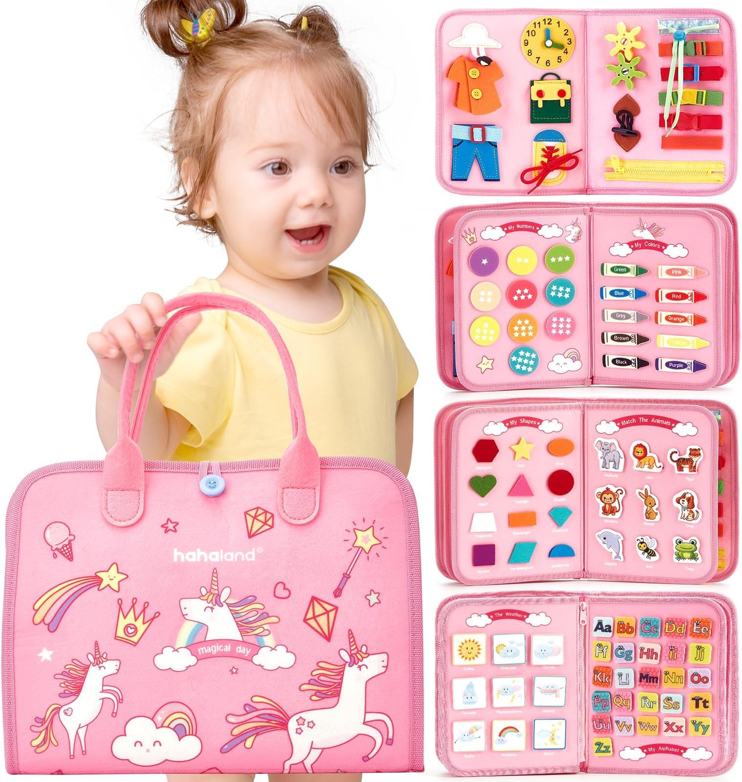hahaland Montessori Cloth Book, Toy for Boys and Girls, 1/2/3/4/5 Years Old, Busy Board, Educational Toy, Moving, Laces, Shoelaces, Buttons, Zippers, Fingertips, Numbers, Alphabet, Toddlers, Learning