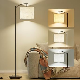 Yikuneng Floor Lamps for Living Room, 63'' Modern Arc Standing Lamp with 3 Color Temperatures & Linen Shade, Corner Lamp Reading Floor Light for Bedroom Office Dorm Room9W LED Bulb Included [Energy Class A]