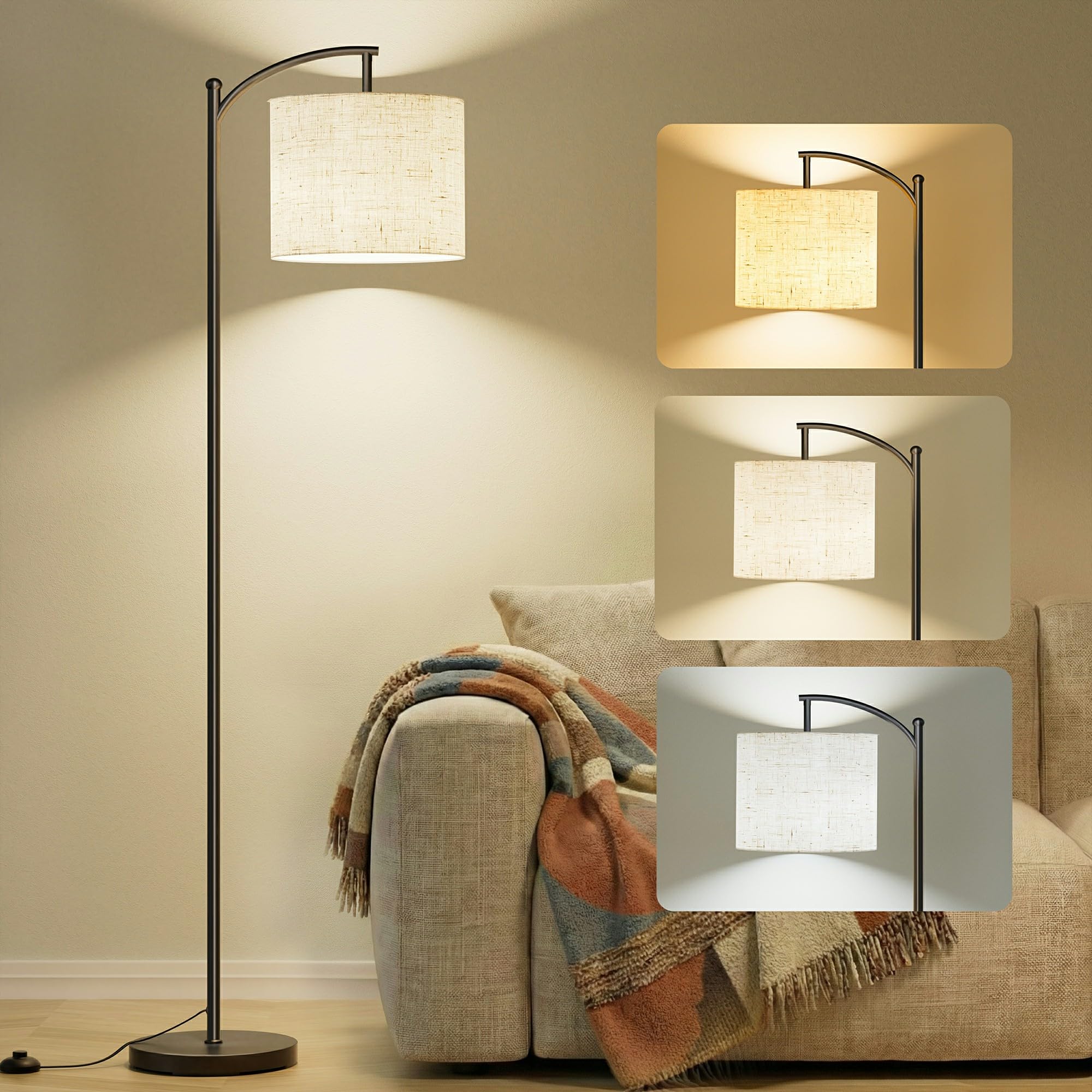 Yikuneng Floor Lamps for Living Room, 63'' Modern Arc Standing Lamp with 3 Color Temperatures & Linen Shade, Corner Lamp Reading Floor Light for Bedroom Office Dorm Room(9W LED Bulb Included)