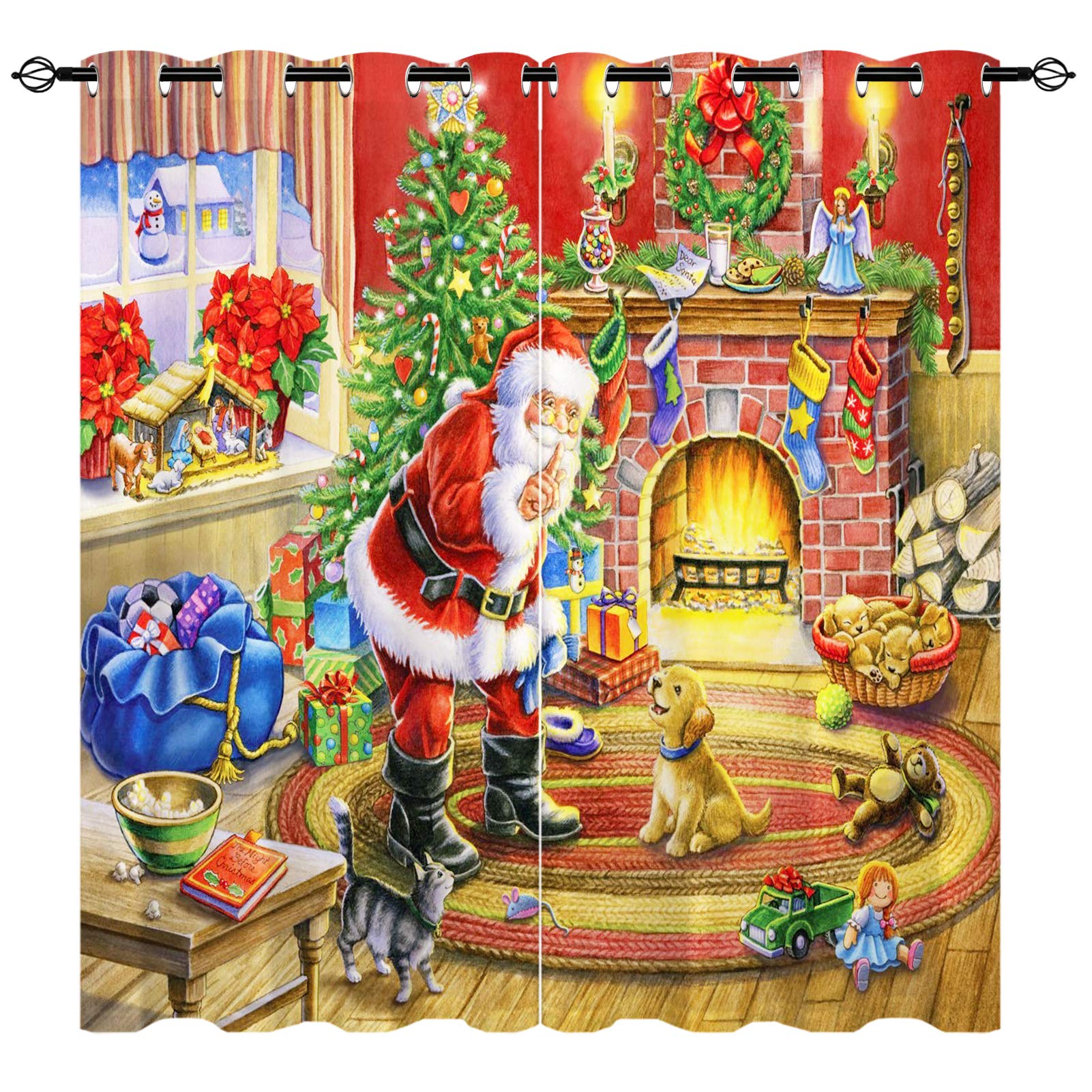 Yuanzu Boys Multi 7 Christmas Blackout Curtains, 3D Santa Claus Decor Gift Dog Patterns Microfiber Fabric Eyelet Blackout Curtains For Living Room Bedroom Window W168cm (66") X D183cm (72") 2 Panels