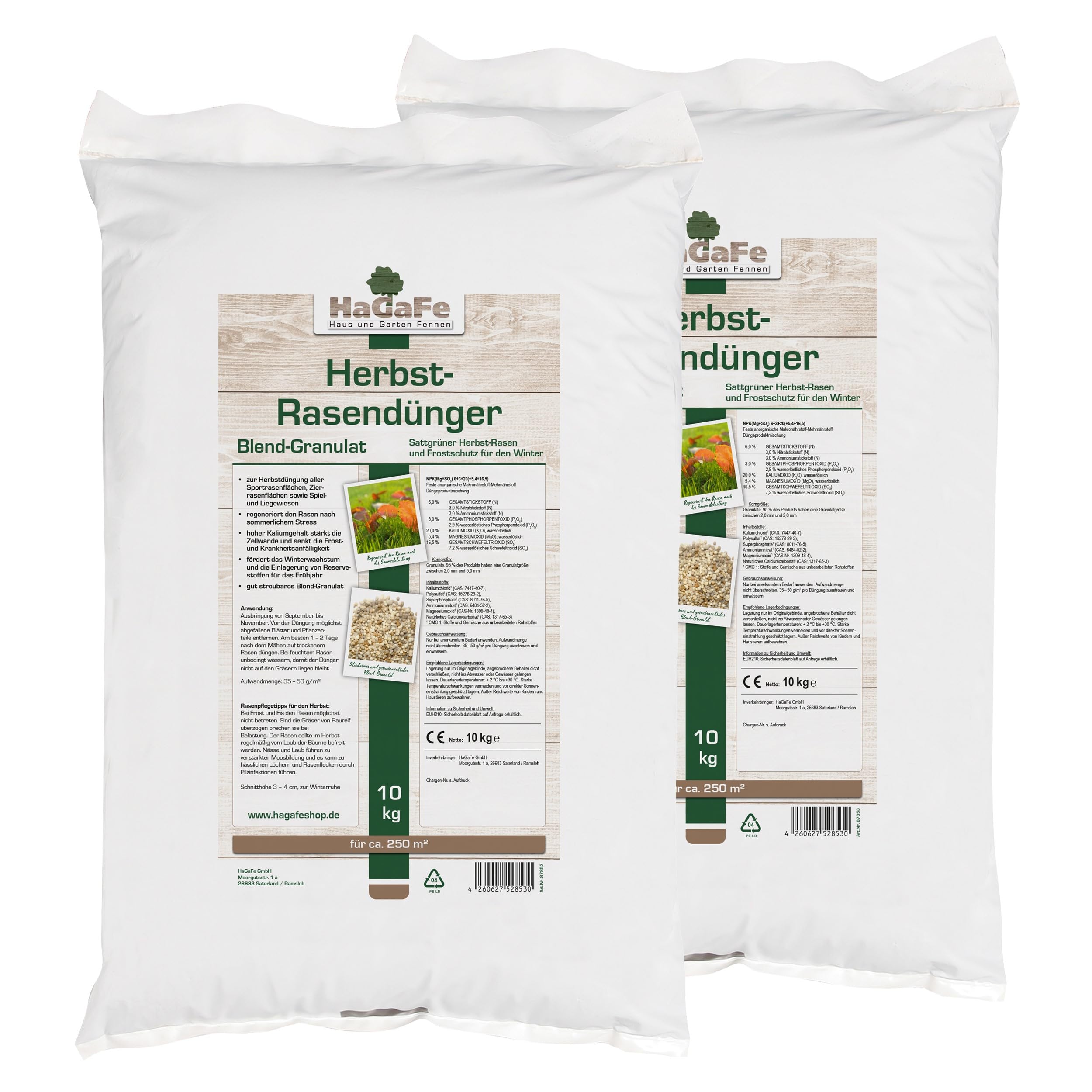 20kg (2 x 10kg) HaGaFe Herbstrasendünger, Herbst - Rasendünger, Rasen - Dünger, Kaliumdünger für Frosthärte und Standfestigkeit, gut streuwagenfähig, Blend-Granulat