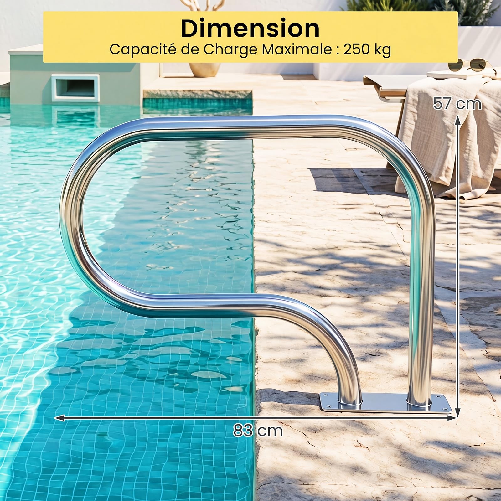 COSTWAY Rampe Piscine en Acier Inoxydable 304, Charge 250 kg, Main Courante Piscine, Plaque de Base, Accessoires Incluses, Barre d'Appui de Sécurité pour Spa, Parc Aquatique (83 x 57 cm,2)