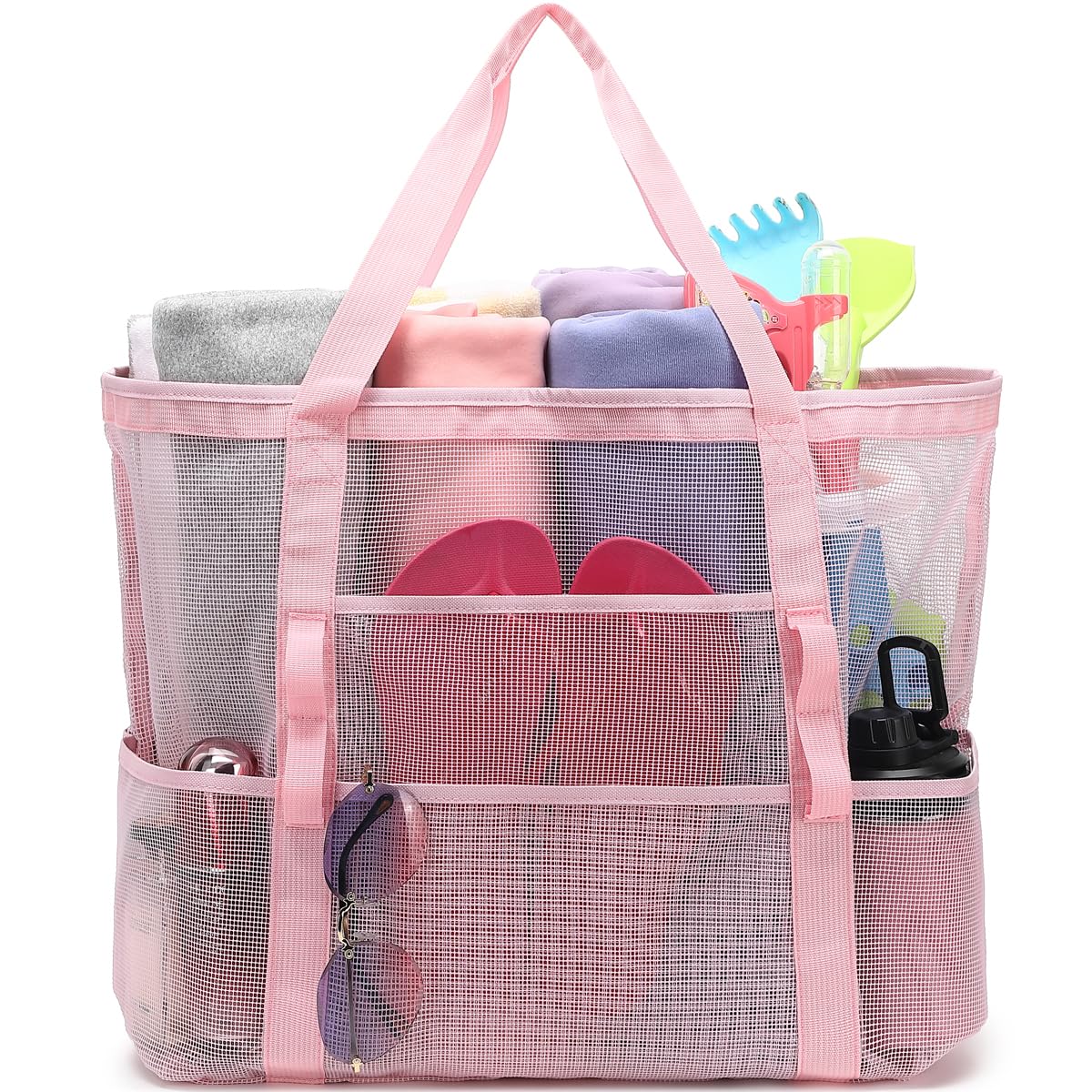 Mesh Beach Bag, Large Beach Tote with Zipper Pocket for Family Pool Bag for Toys & Vacation Essentials