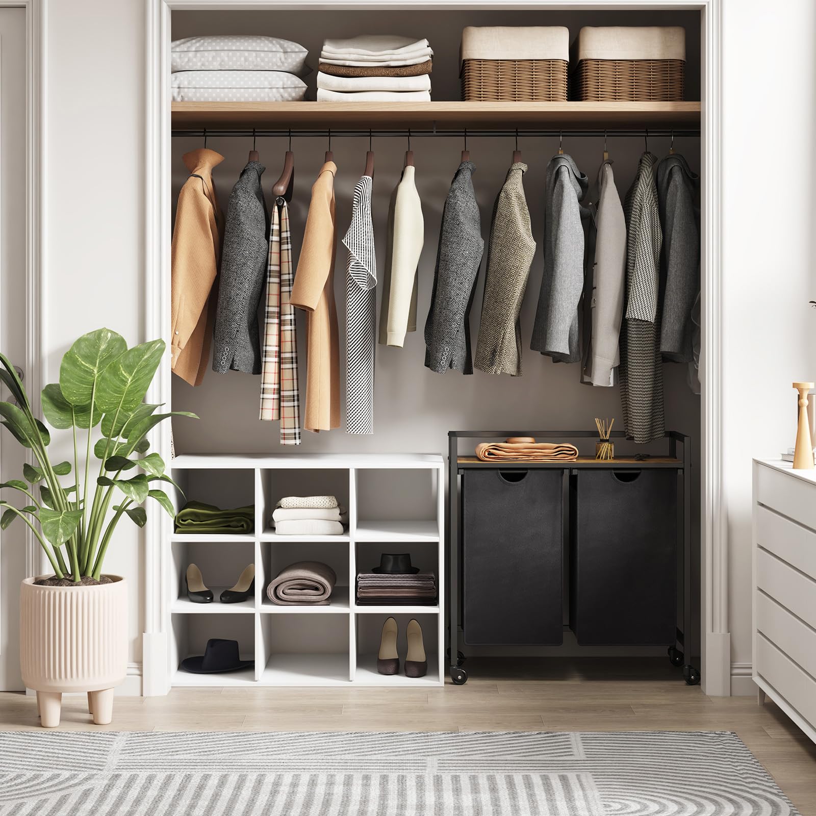 Lifewit Cesto Portabiancheria con Ruote, Mobile Biancheria Sporca con Sacco Porta Biancheria in Tessuto Oxford e Ripiano in Metallo per Lavanderia, Camere da Letto, Bagno, 2 Scomparti, 95 L, Nero