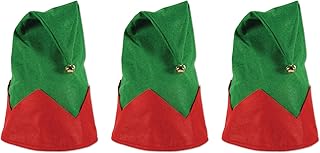 Beistle 3 Piece Felt Fabric Elf Hats with Bells Christmas Holiday Party Supplies Winter Theme Photo Props Costume Accessories, One Size, Red/Green/Gold