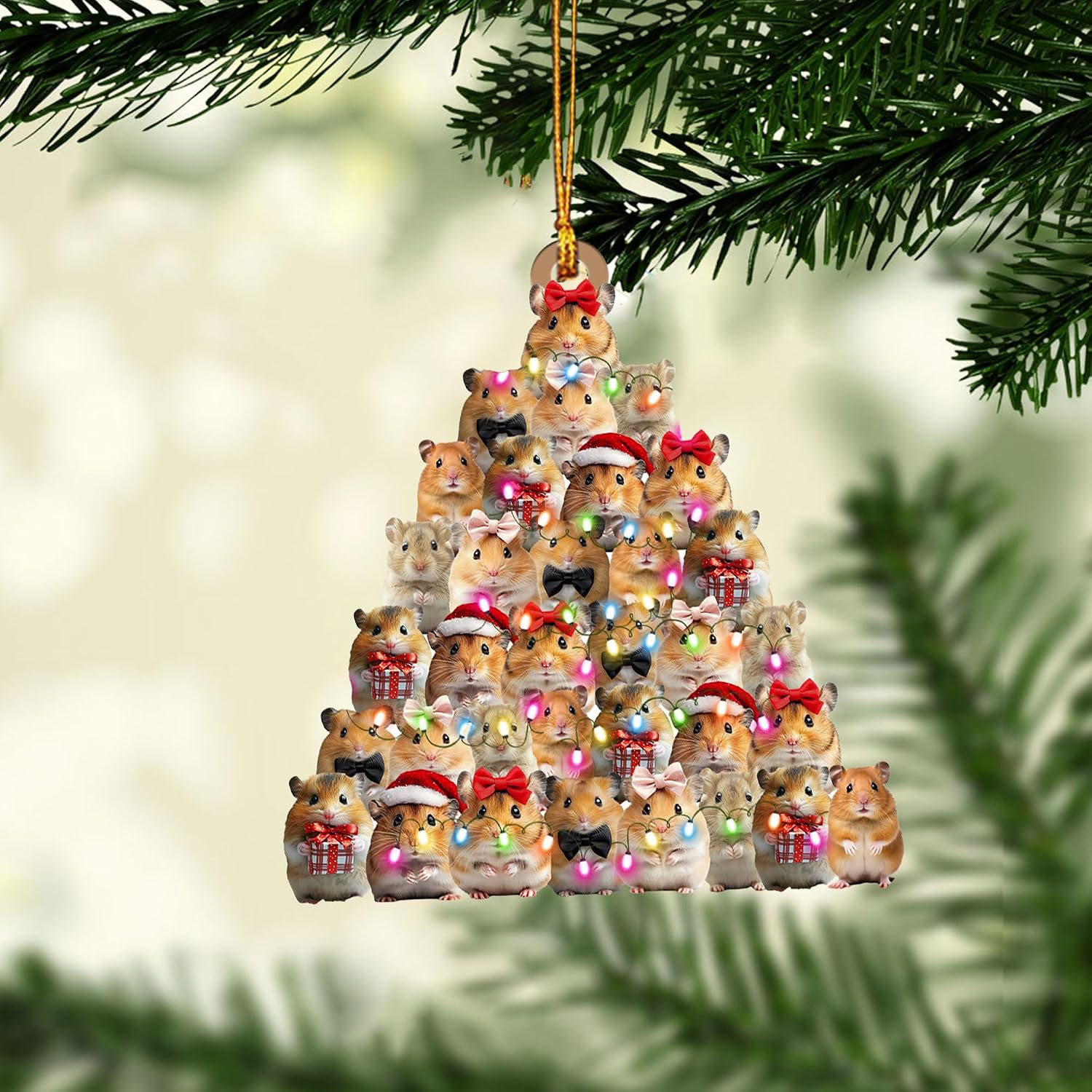 Talataca Hamster 2D Flat Christmas Ornament, Syrian Hamster Christmas Pine Tree Shape with String Light Pine Tree Decor, Hanging House Charm Eve Keepsake, Car Rear View Mirror Accessories, Xmas Gift
