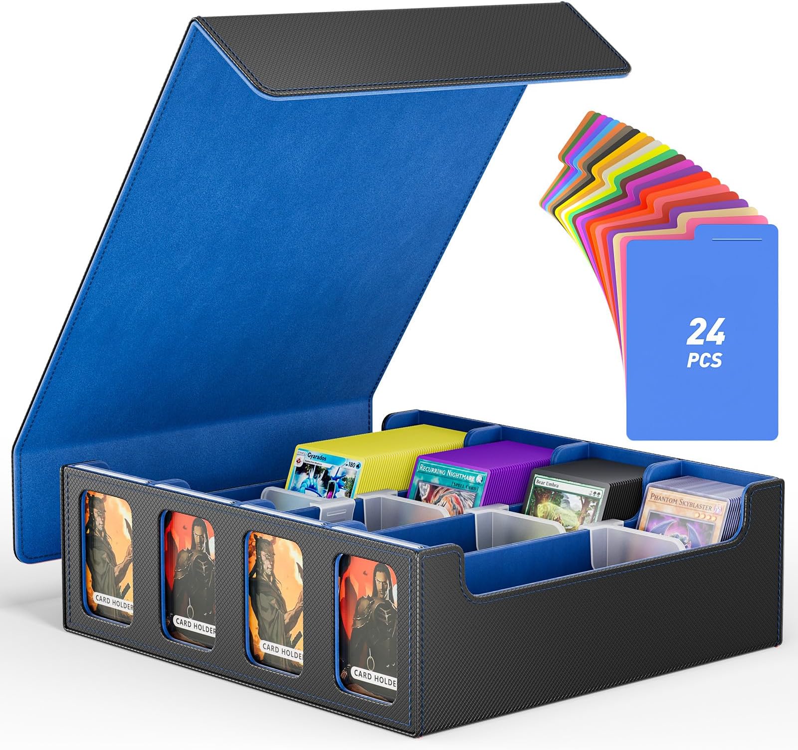 FlooyesCard Storage Box for Trading Cards with 4 Card Supporters, 3200+ MTG Deck Box with 24 Colorful Dividers, Commander Trading Card Storage Box with Viewing Windows for Magic Game Cards, Blue