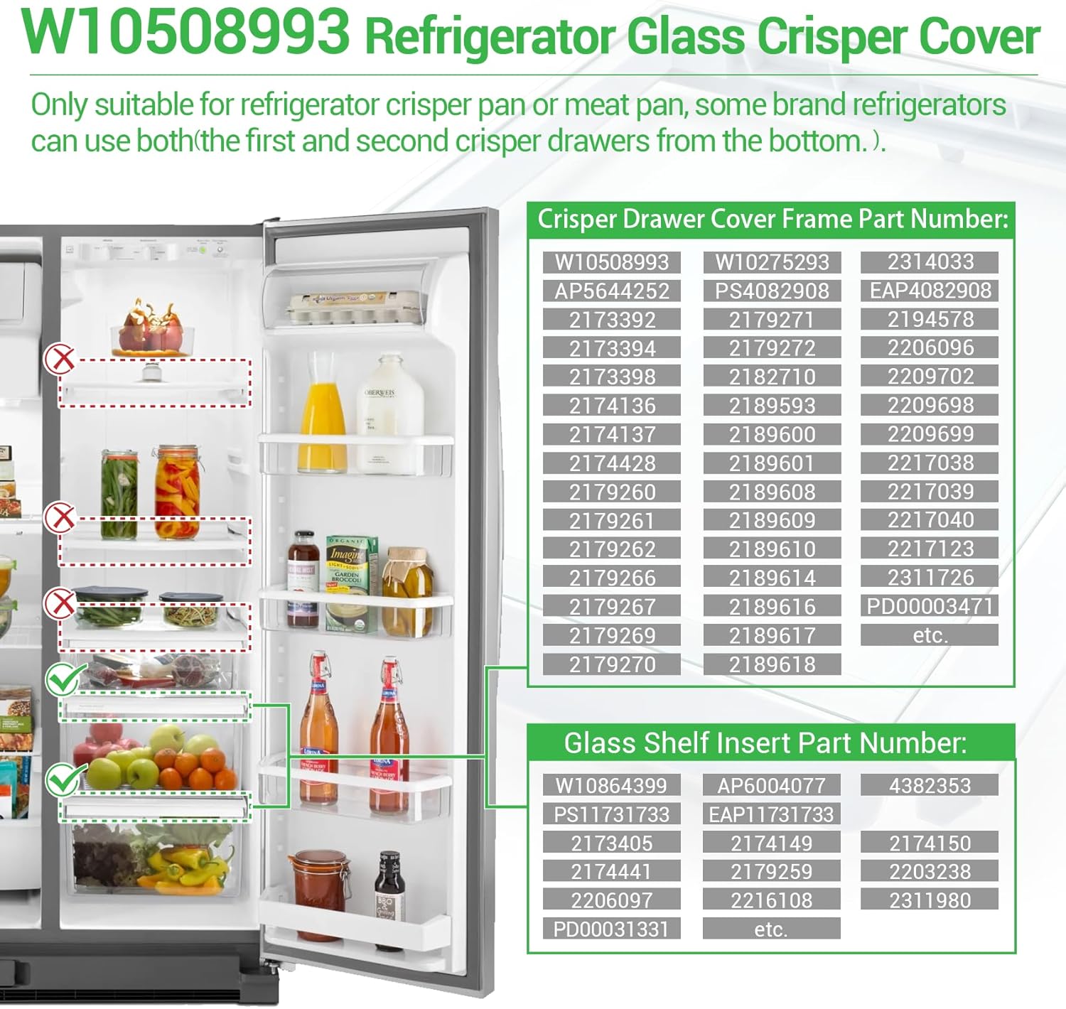 W10508993, W10864399 Refrigerator Glass Crisper Cover Compatible with whirlpool, kenmore, maytag, amana and kitchenAid etc, Crisper Drawer Cover Assembly W10275293 Replace 2217039, 2206096, 2209698