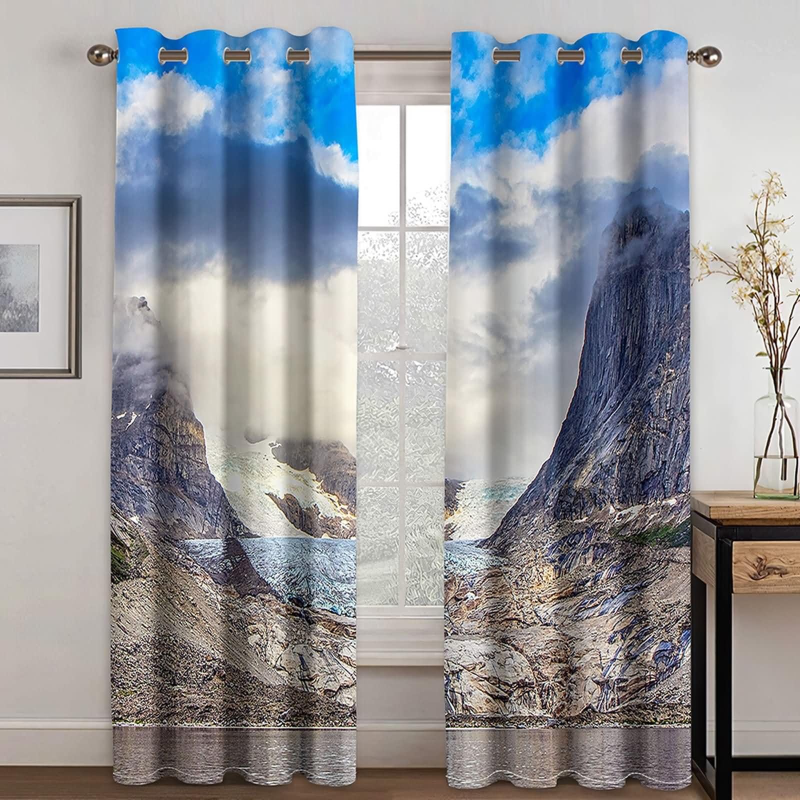 2-pak nowoczesnych zasłon kuchennych, 2 x 152 x 214 cm (dł. x szer. x wys.), zestaw zasłon z oczkami, górskie i morskie, niebieskie, białe, brązowe, do sypialni, nowoczesne
