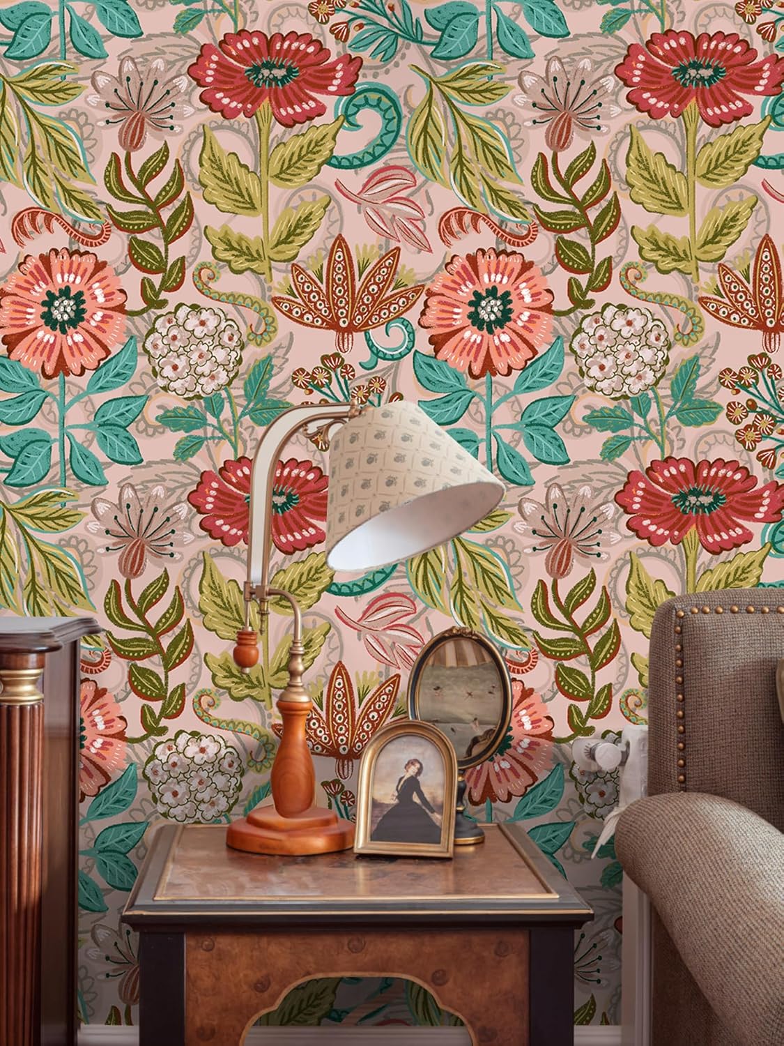 Floralplus Floral Wallpaper Peel and Stick Removable Vintage Floral Wallpaper for Bedroom Renter Friendly Boho Leaf Wallpapers Self Adhesive Contact Paper for Kitchen Cabinet 17.5 x 118 in