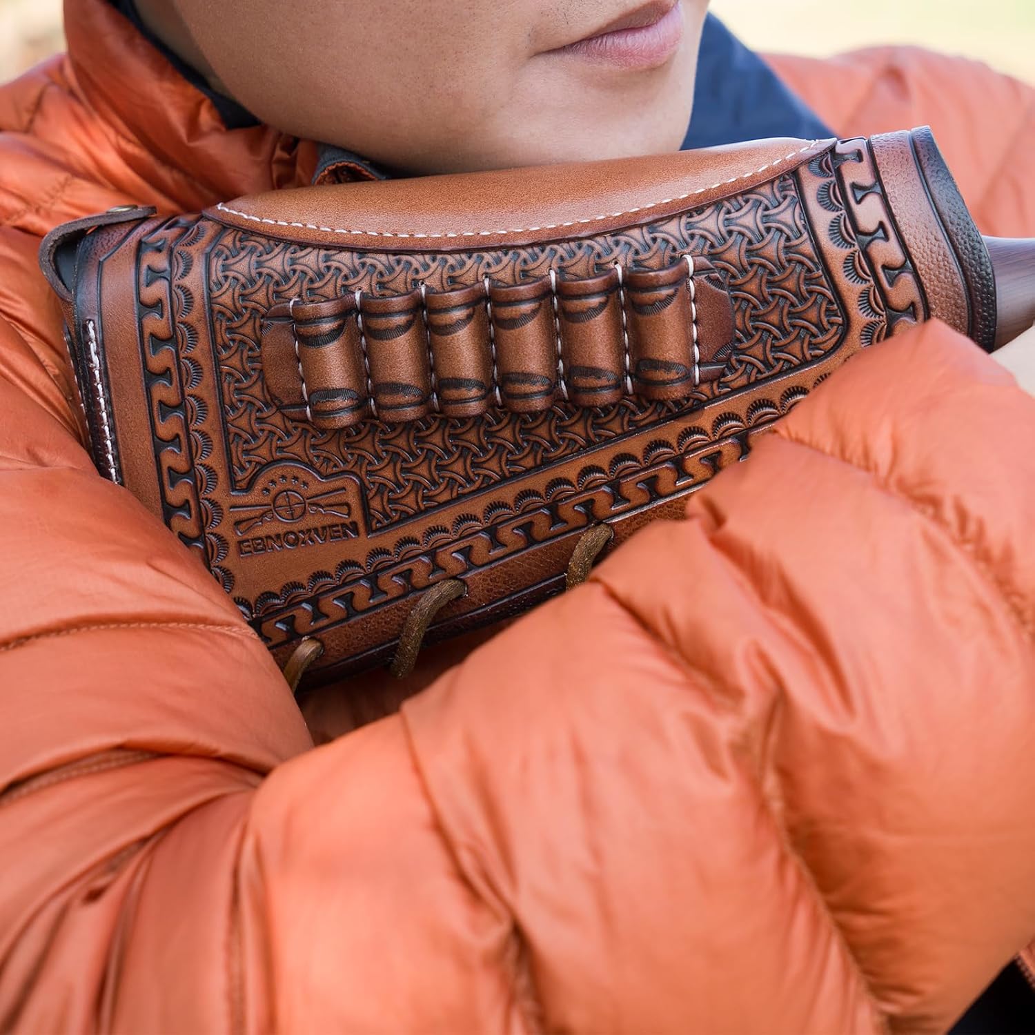 Leather Cheek Riser for Rifle Stock with Rifle Shell Holder for .308, 30-06, 270, 45-70, 243 Rounds Leather Buttstock Cover with Recoil Pad